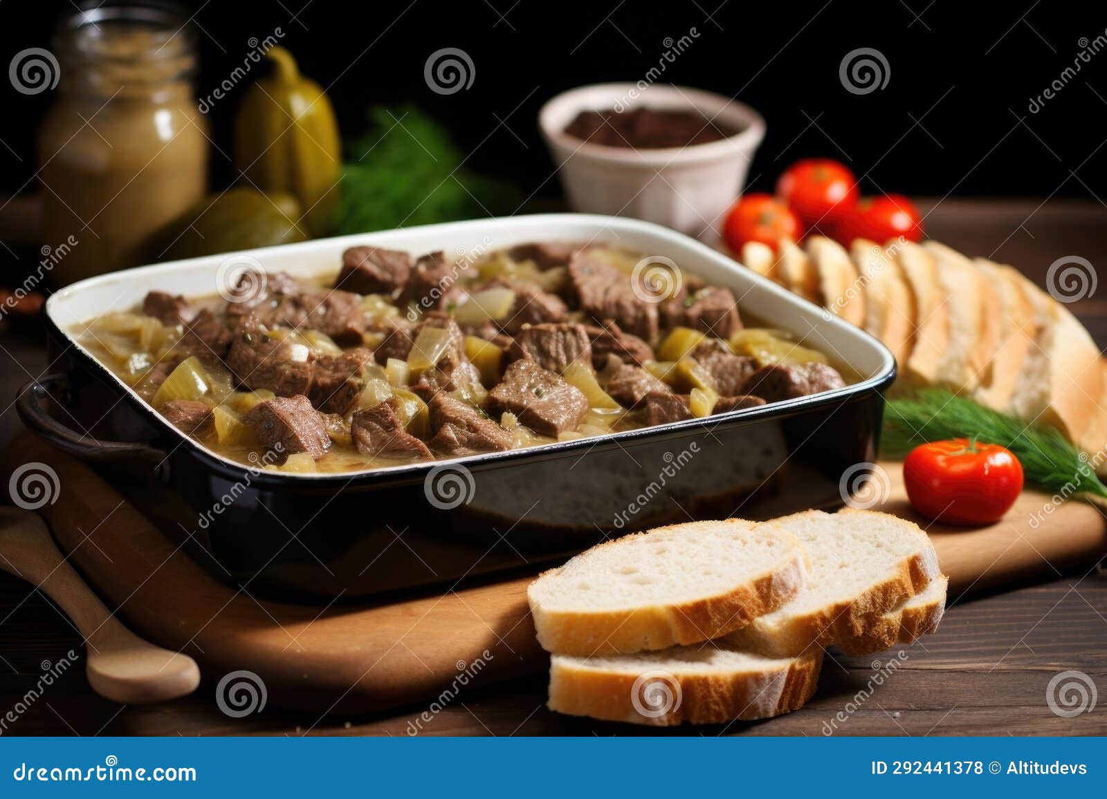 Beef Stroganoff Served with Pickles and Bread Slices on a Tray Stock