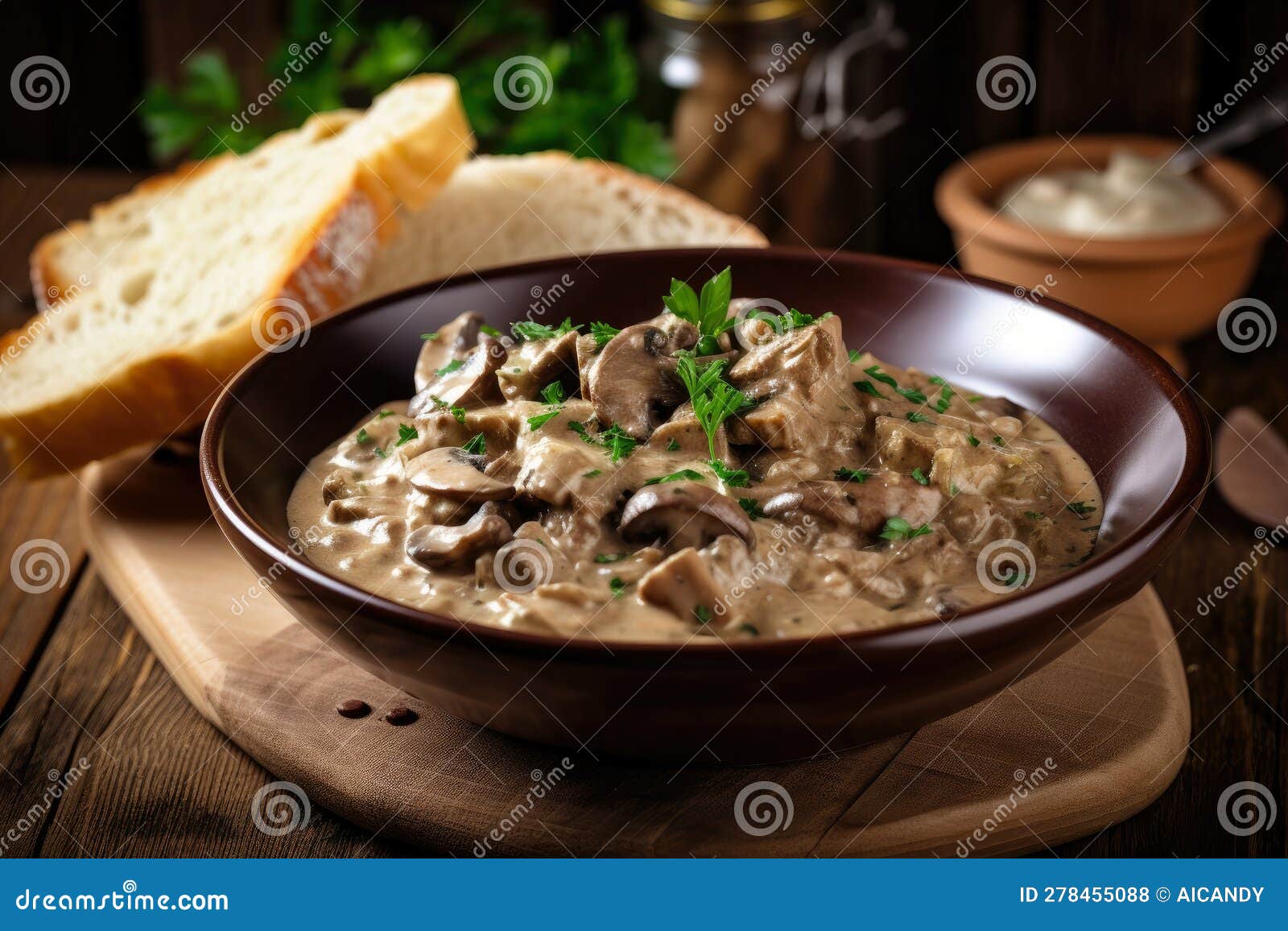 Beef Stroganoff with a Side of Warm and Crusty Bread, Served on a