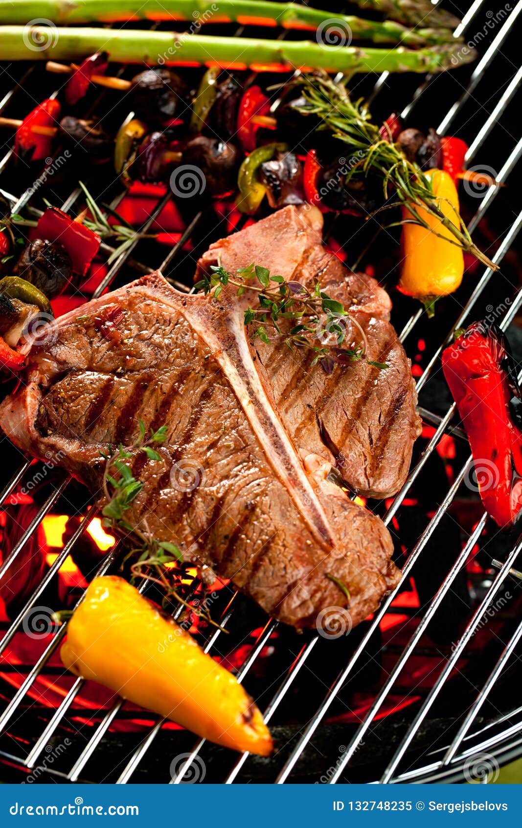 Beef Tbone Steaks on the Grill with Flames. Stock Image Image of