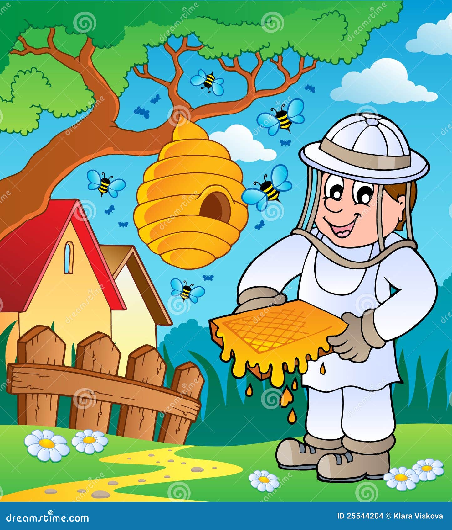 beekeeper with hive and bees