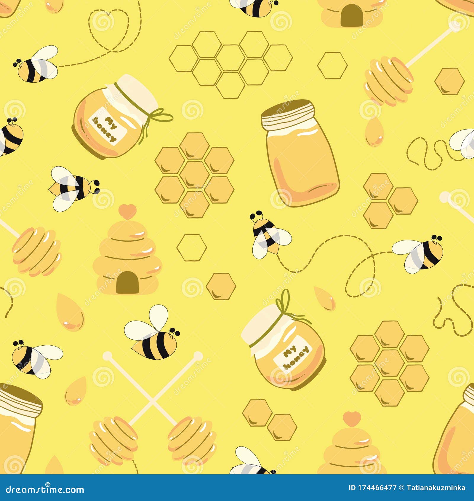 Bee pattern. Cute flying bees insects kids wallpaper or honey wrapping paper  seamless vector doodle texture, Stock vector