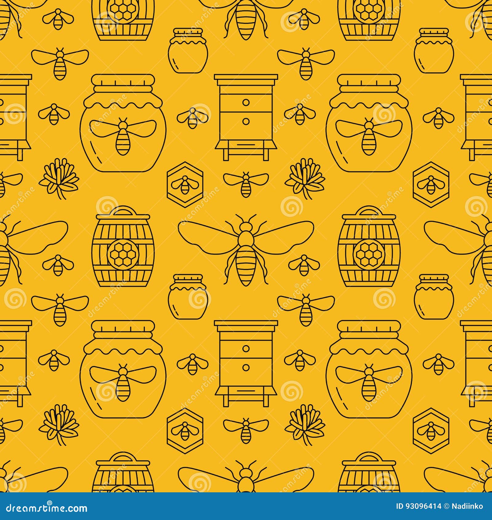 beekeeping seamless pattern yellow color, apiculture  . apiary thin line icons bee, beehive, honeycomb