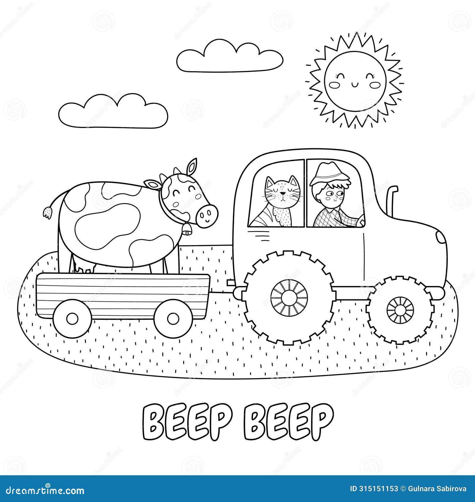 beep beep black and white print with cute boy and cat on a tractor carrying a cow