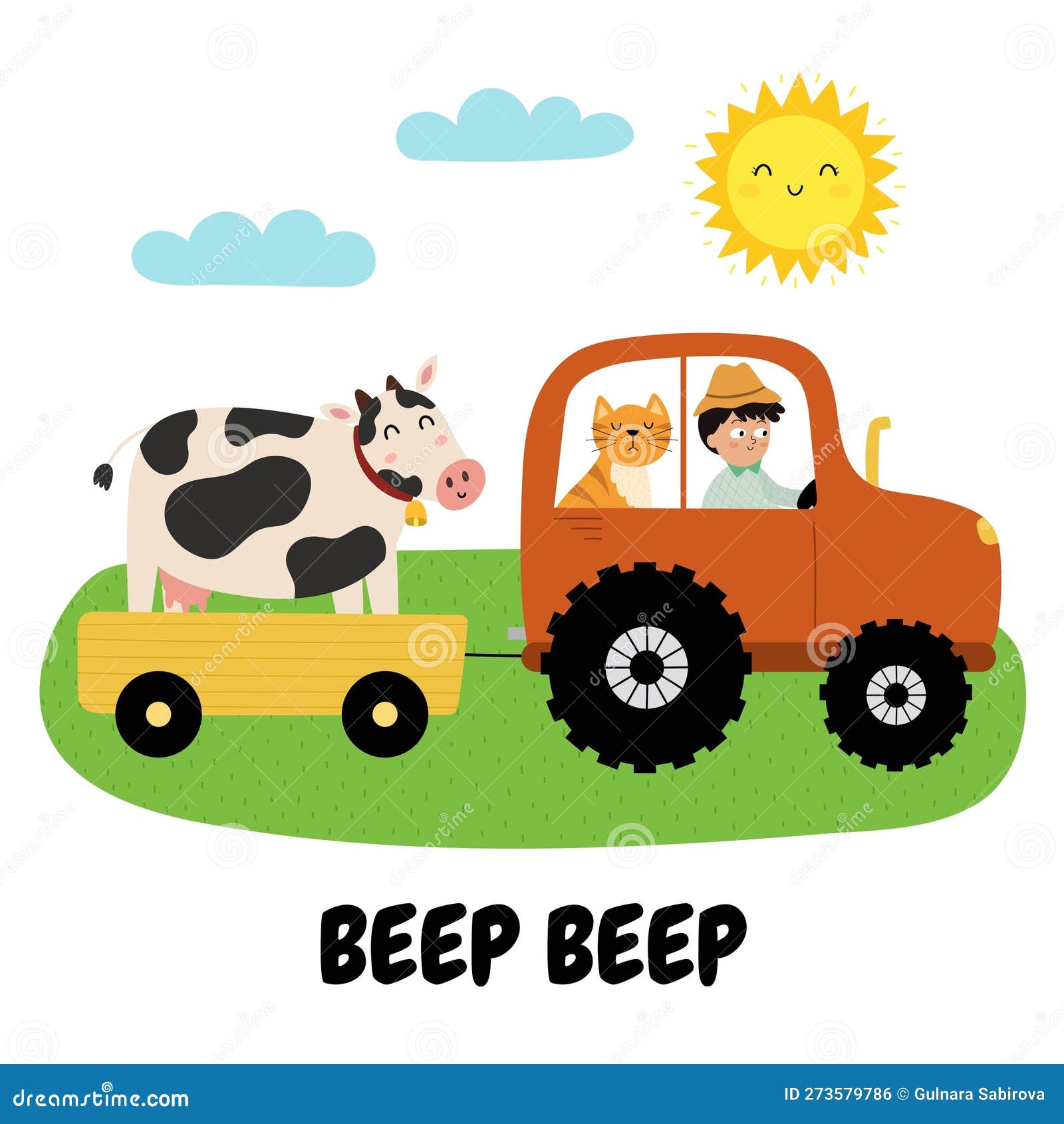 beep beep print with cute boy and cat on a tractor carrying a cow. summer green meadow