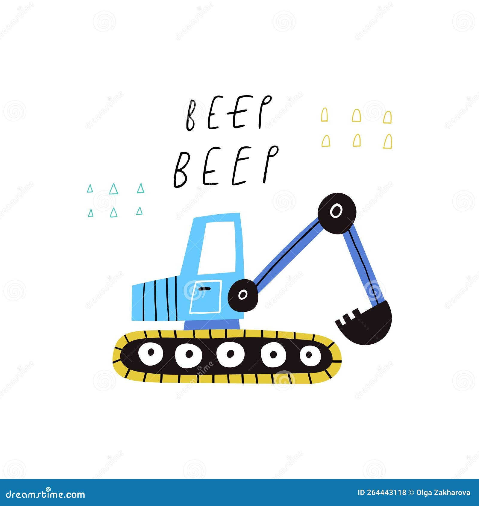 beep beep text and cartoon excavator  on white. hand drawn construction equipment with bucket and tracks.