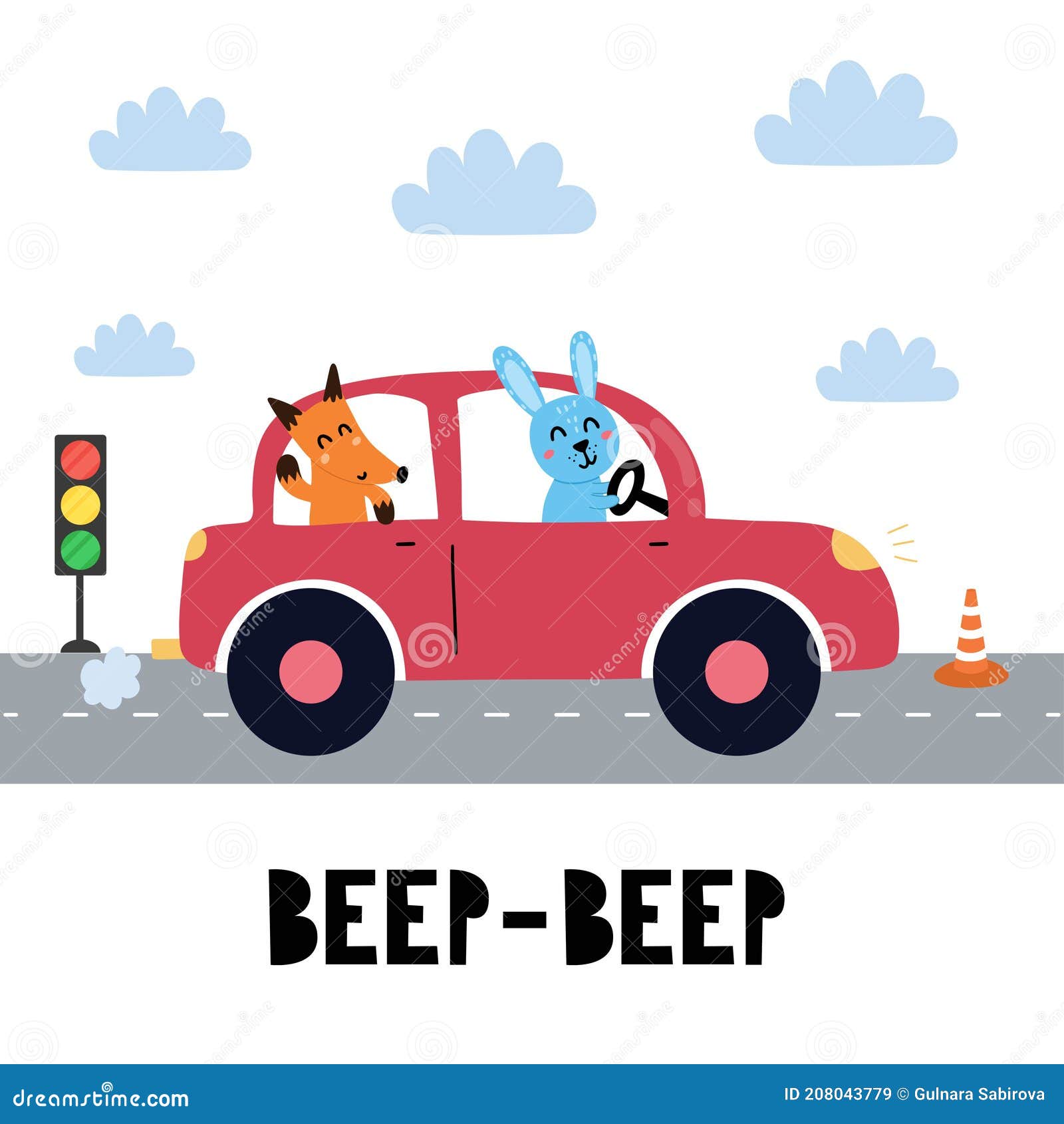 beep beep print with cute rabbit and fox driving the red car. funny background