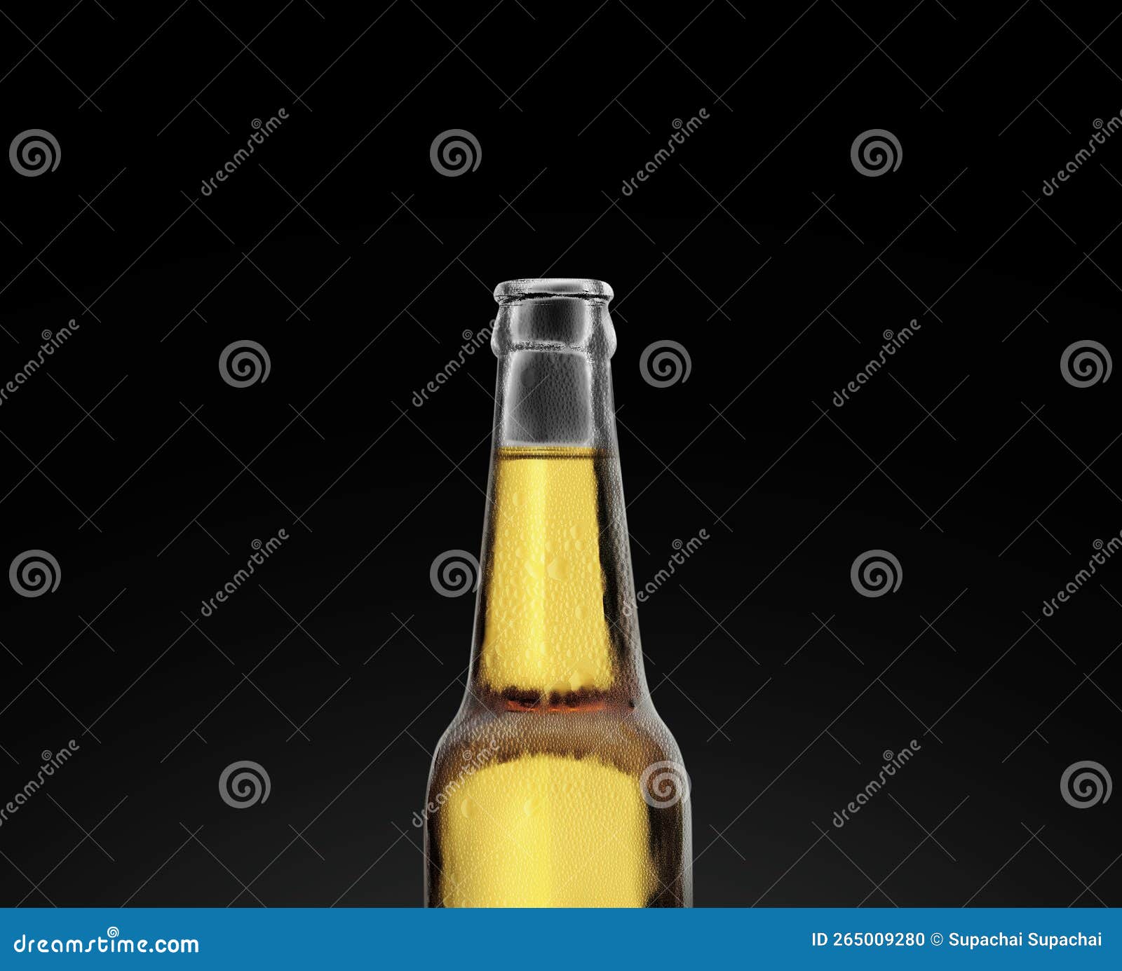 Beer Bottle with Drop of Water on Black Background Stock Photo Image