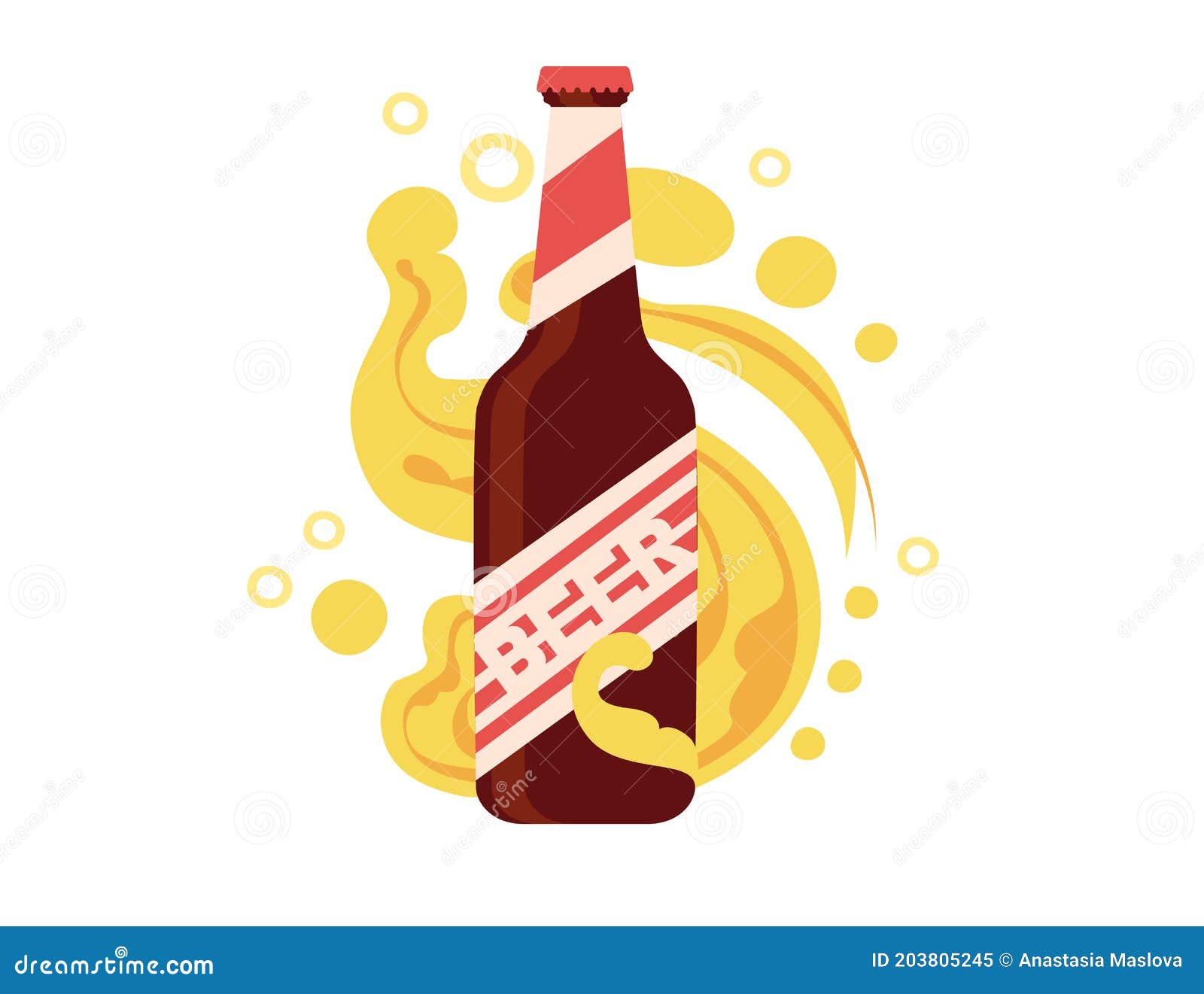 Beer Bottle with Label and Abstract Beer Flowing Around Bottle Flat