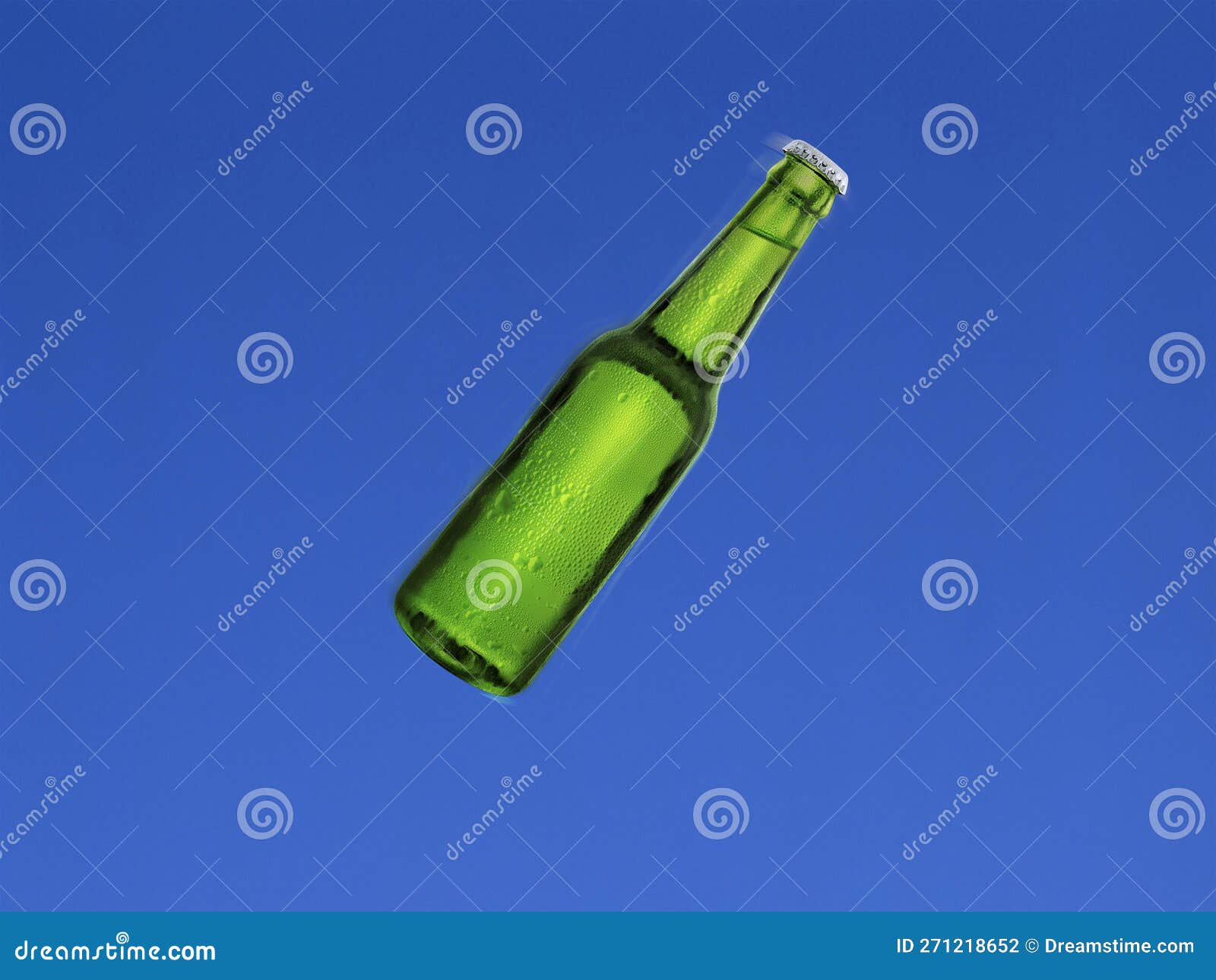 Beer Bottle Shot in the Air with Blue Sky Background. Beer Bottle on Black Background with