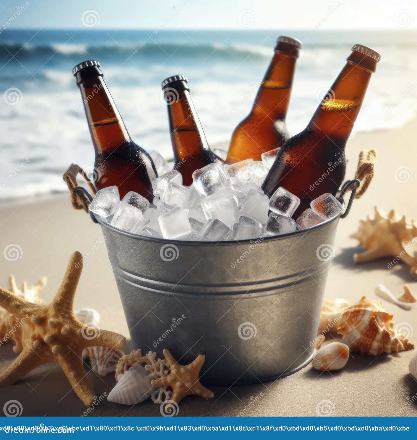 Beer Bottles in an Ice Bucket on the Beach. Ai Generative Stock