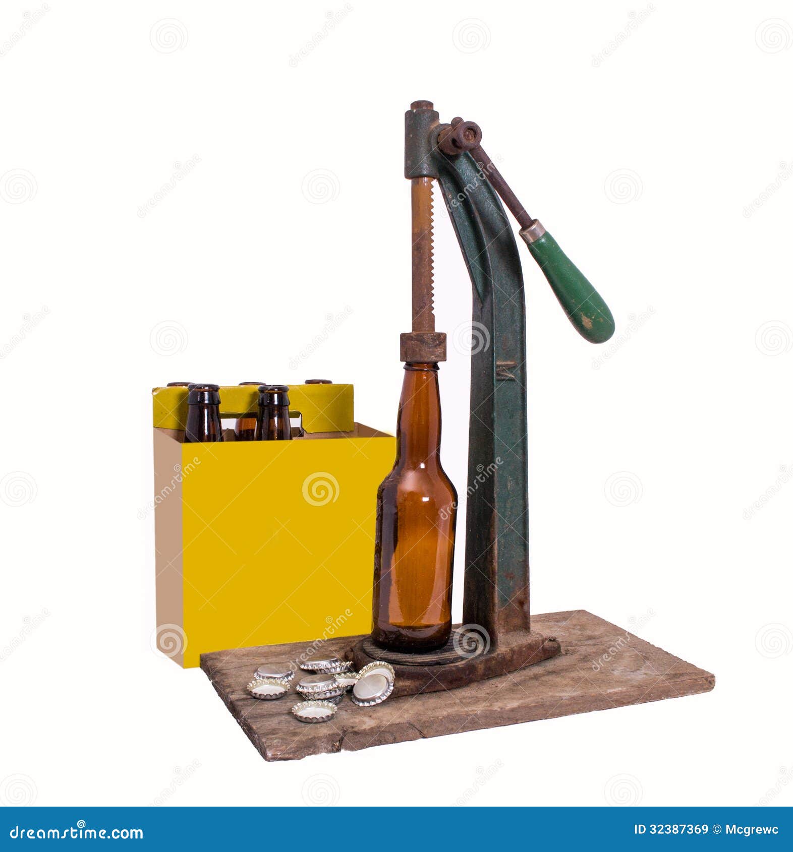 Beer Bottles in Six Pack with Caps and Antique Capper Stock Image Image of amber, alcohol