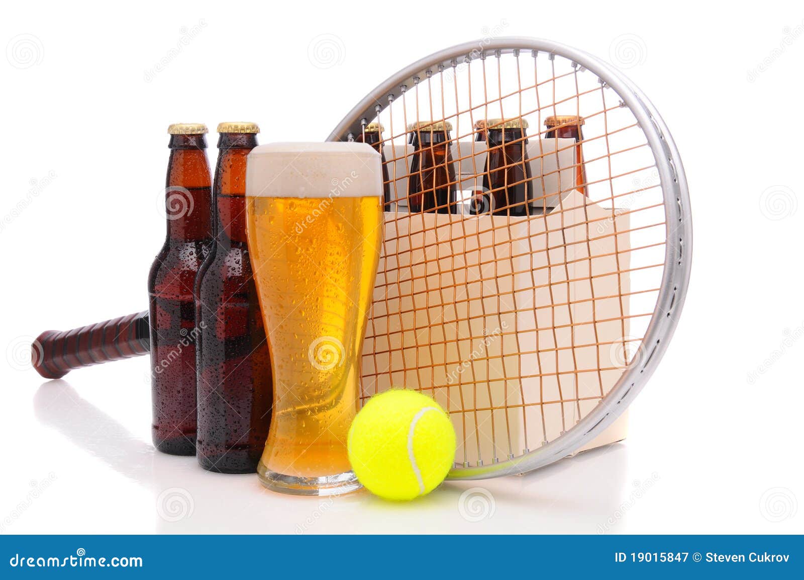 Beer Bottles with Tennis Racket and Ball Stock Image Image of glass