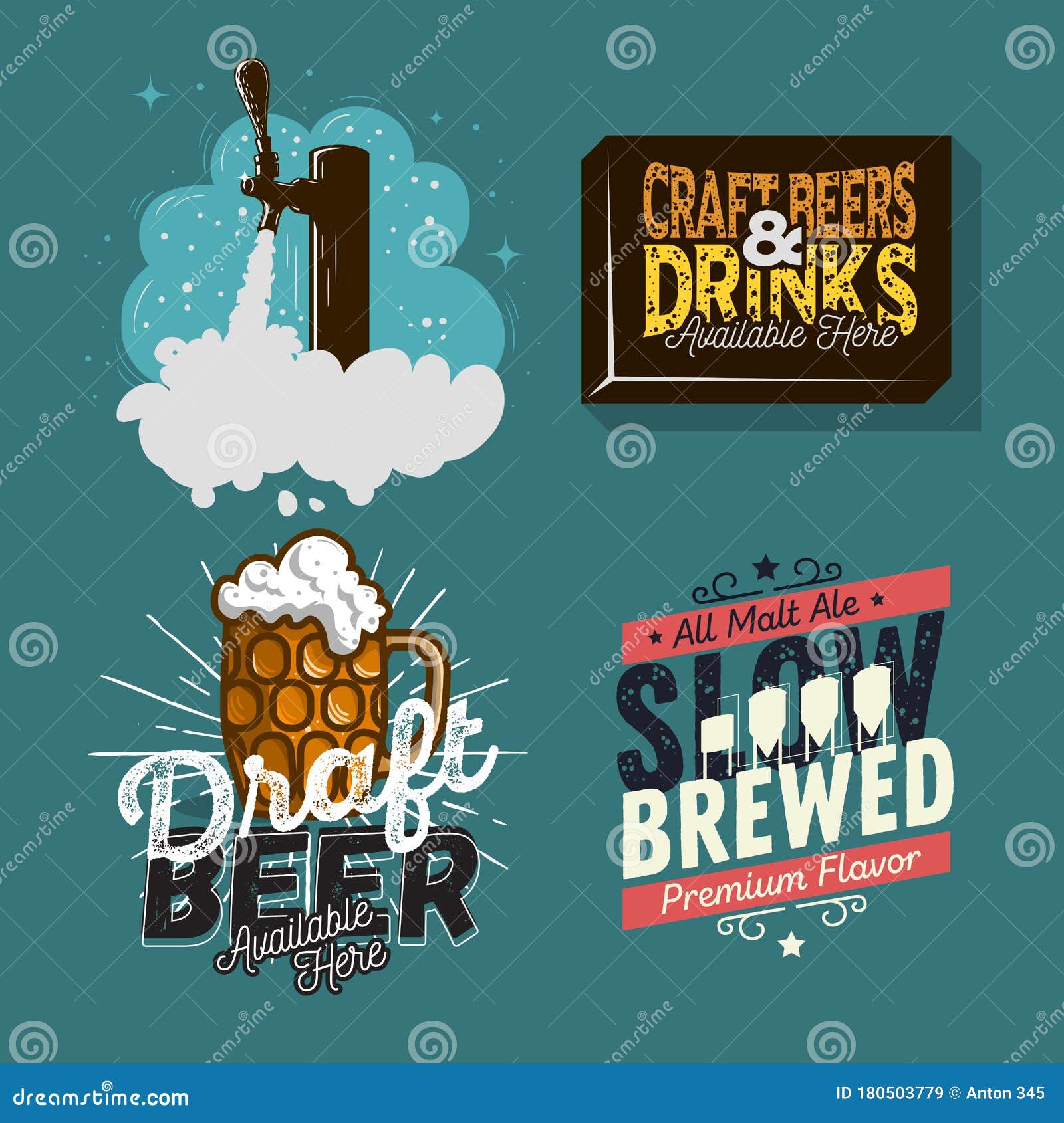 Beer Brew Brewery Alcohol Related Vector Illustrations Designs. Stock