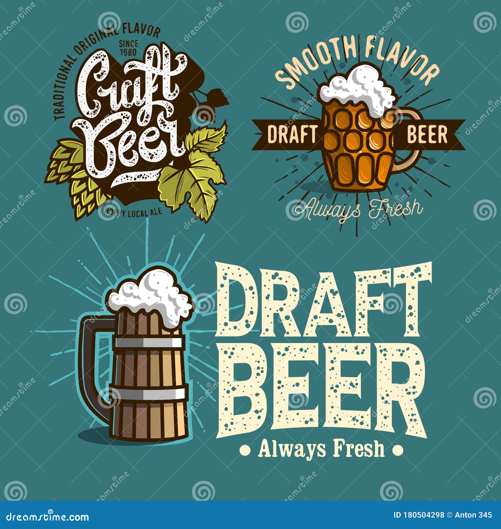 Beer Brew Brewery Alcohol Related Vector Illustrations Designs. Stock