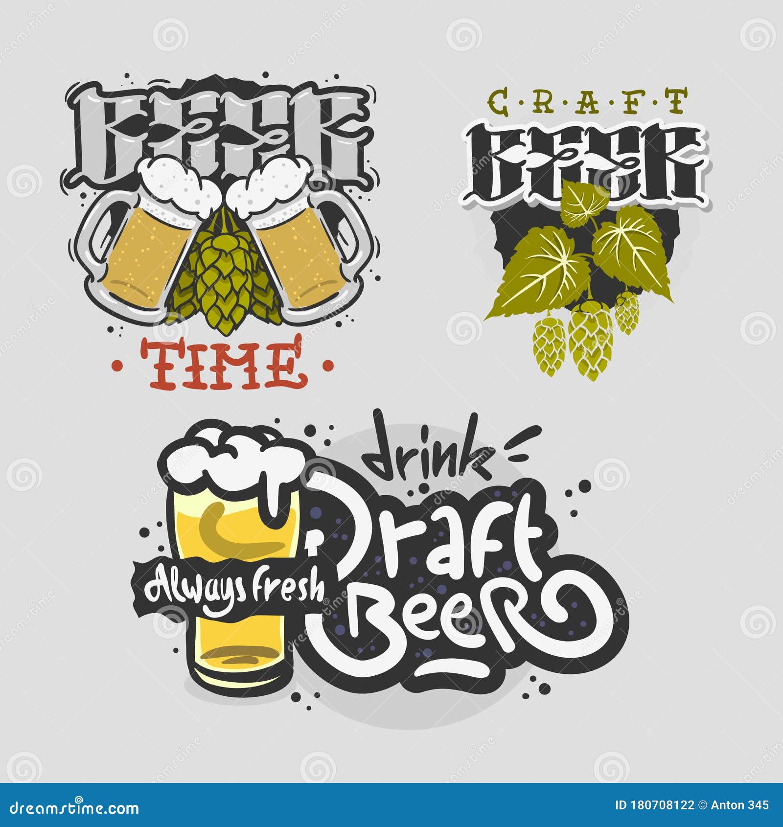 Beer Brew Brewery Alcohol Related Vector Illustrations Designs. Stock