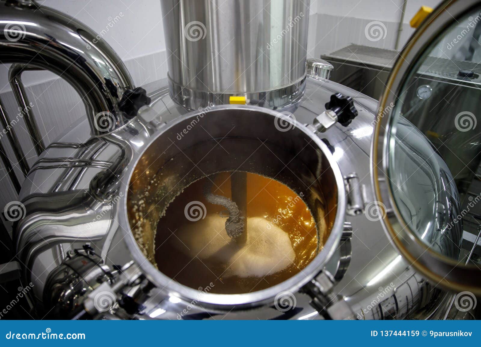 brewing of beer, equipment at microbrewery, top view