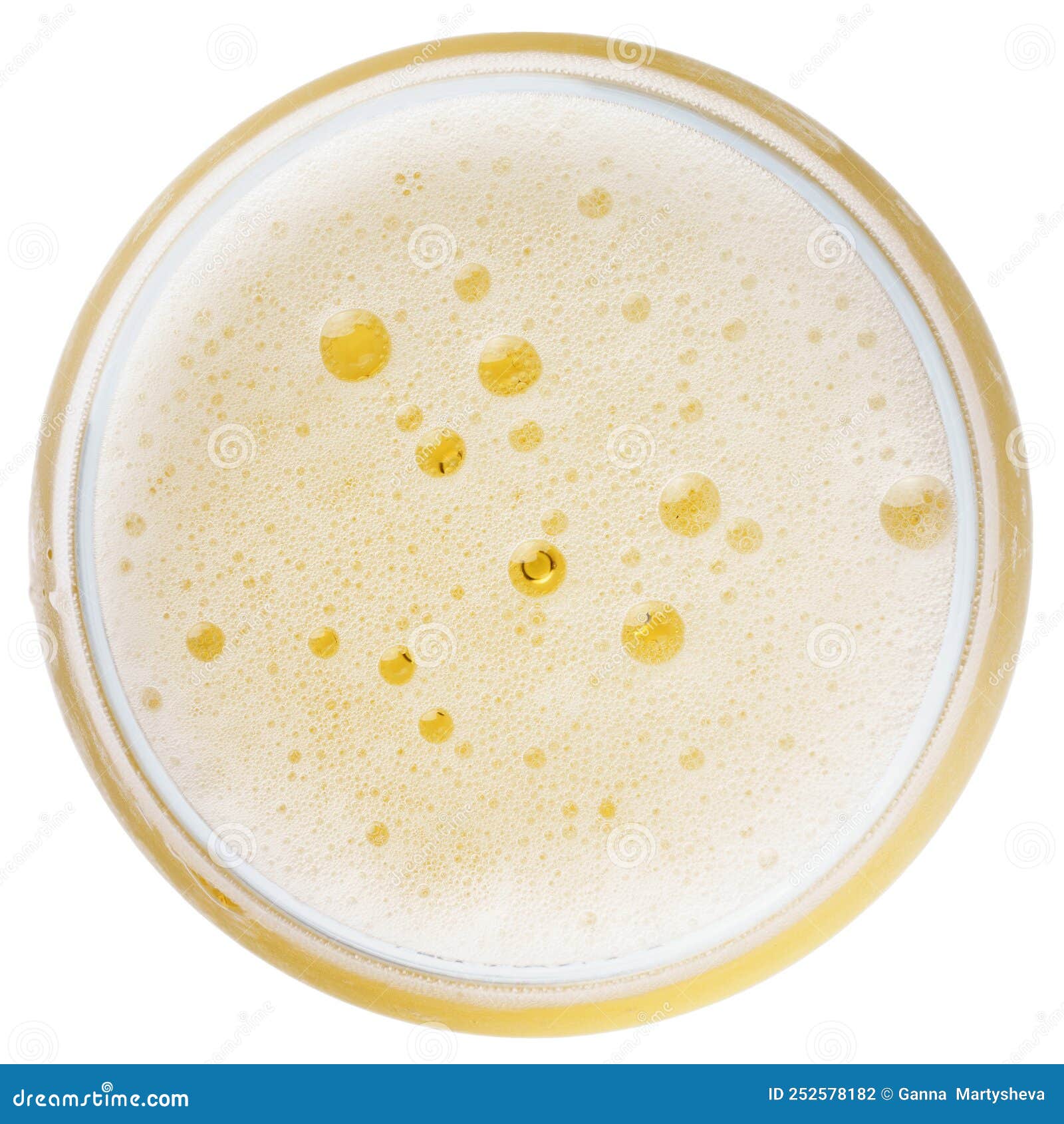 Beer Bubbles in Glass of Light Beer Top View Collection Isolated on