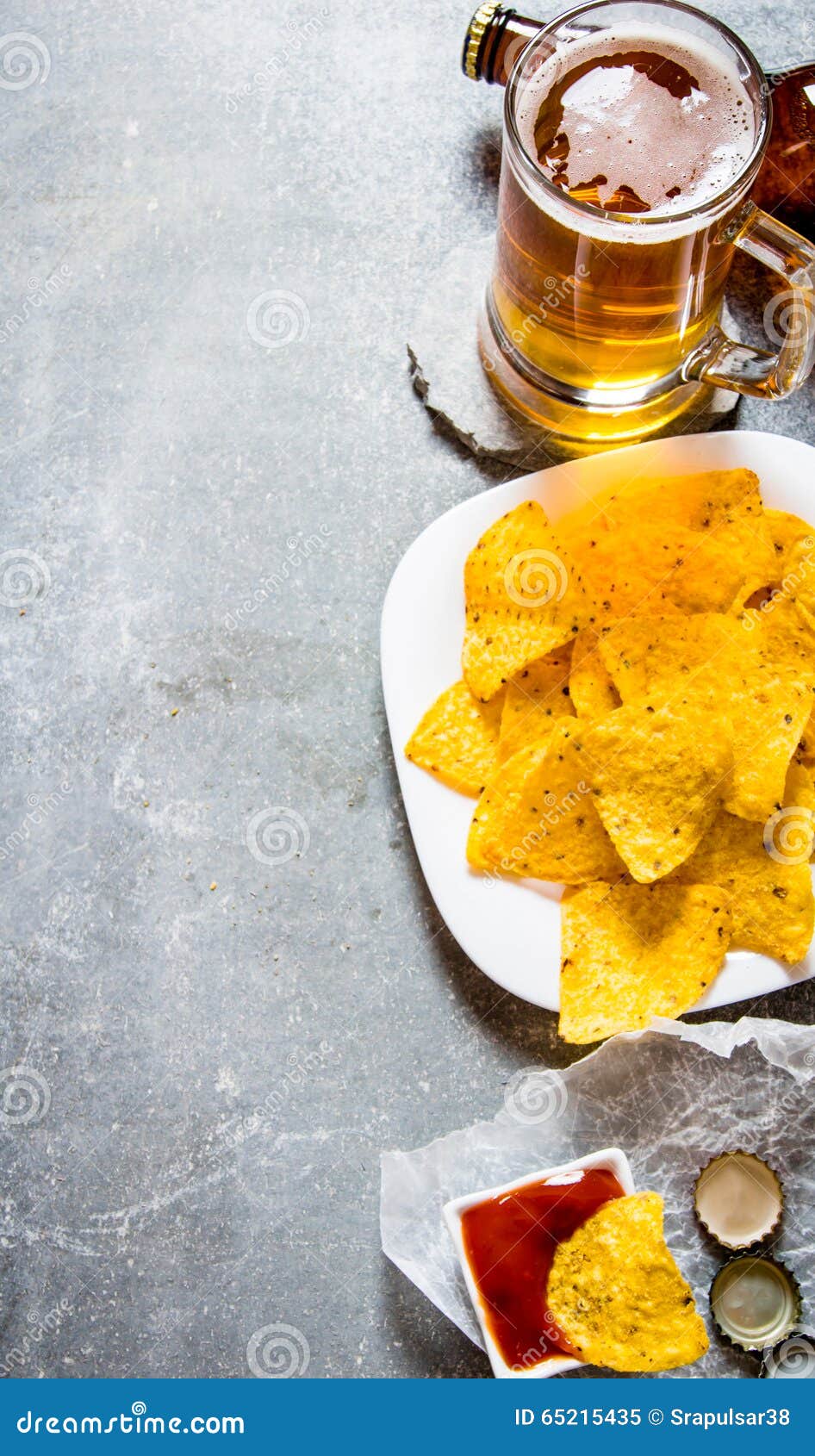 Beer with Chips and Ketchup. Stock Image Image of rock, golden 65215435