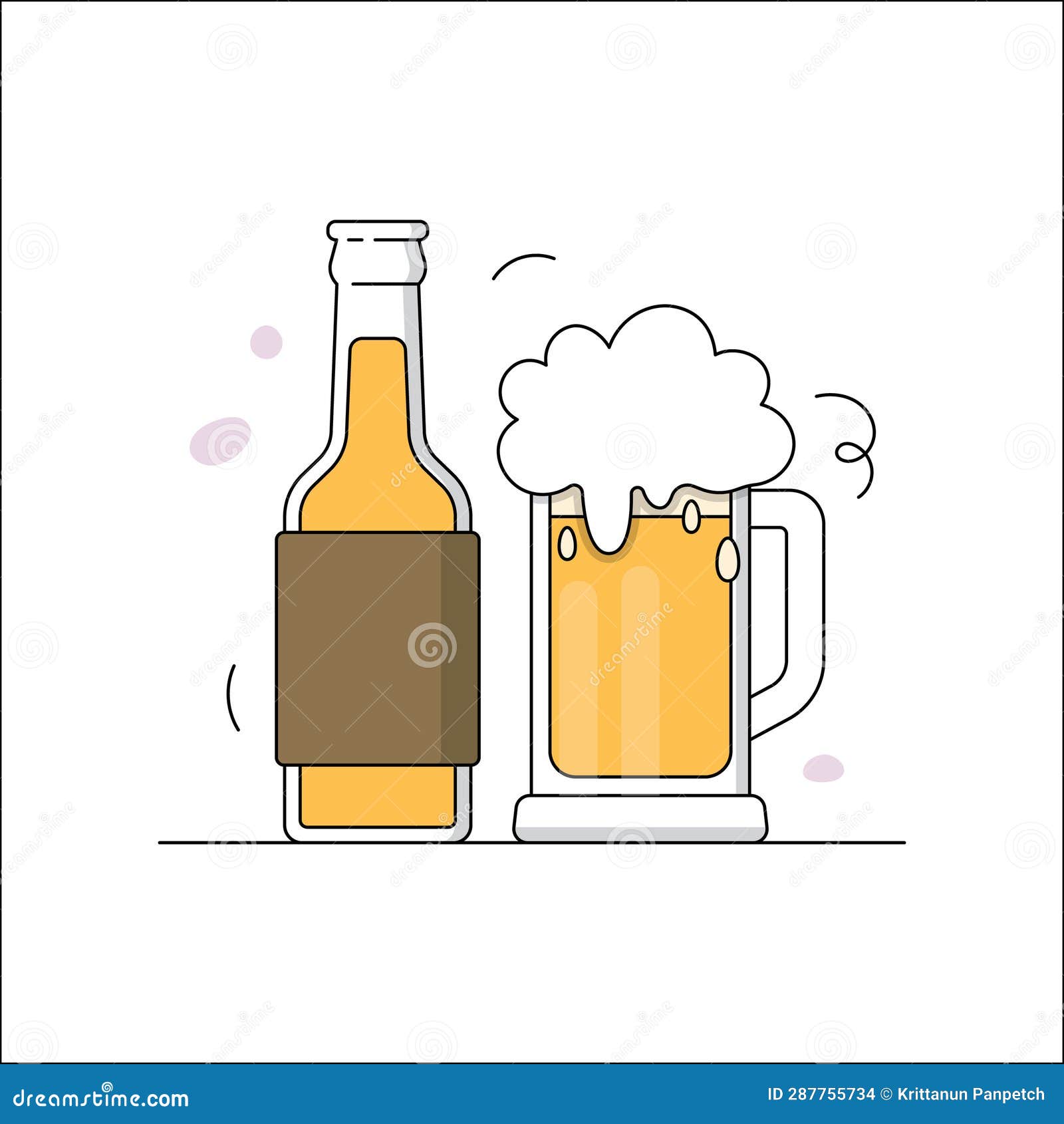 Beer Glass and Bottle. Craft Beer Icon Flat Line Design Stock Vector Illustration of hand