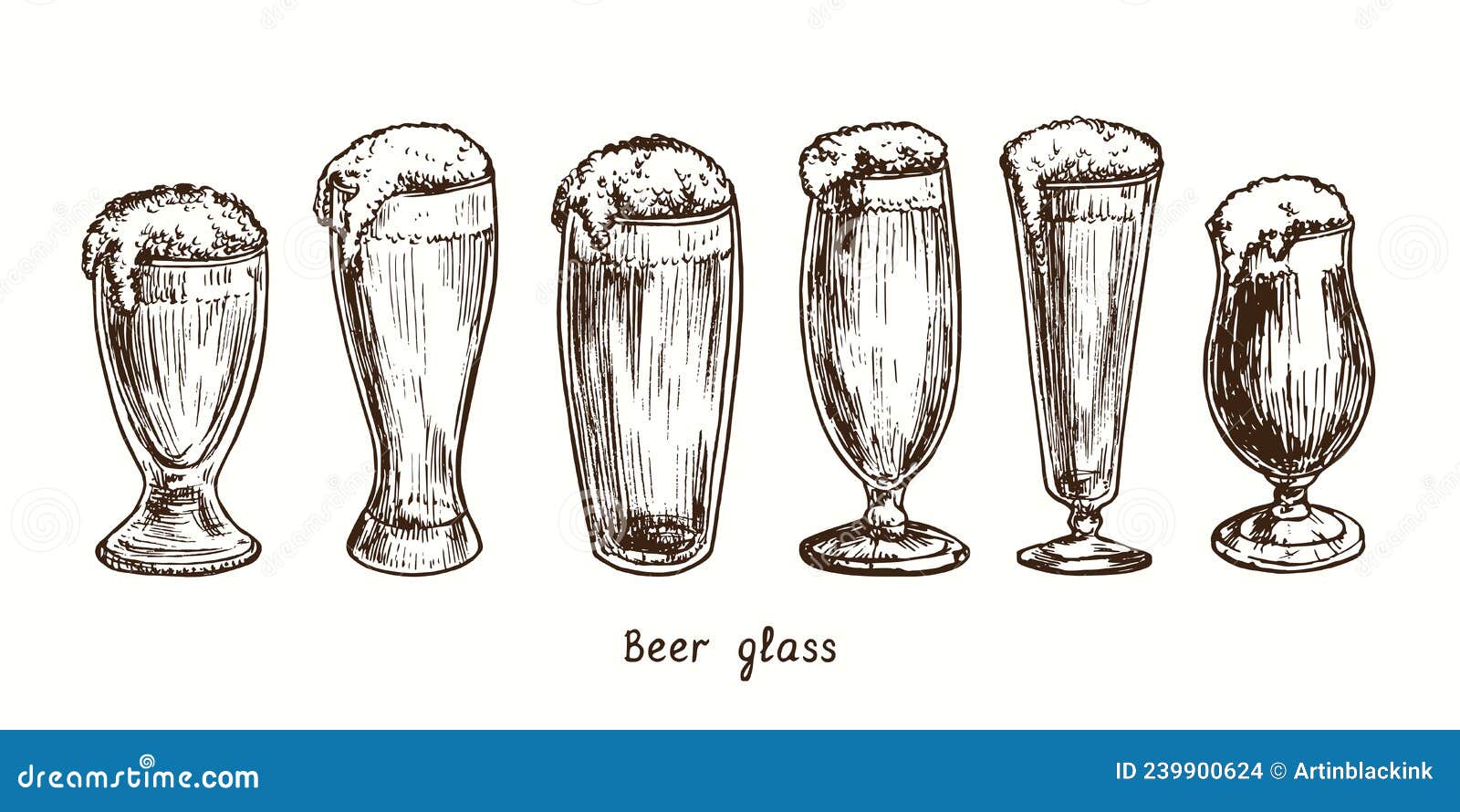 beer glass types, schooner, weizen, willi becher willybecher, pilstulpe, pilsner and stemmed pokal. ink black and white doodle