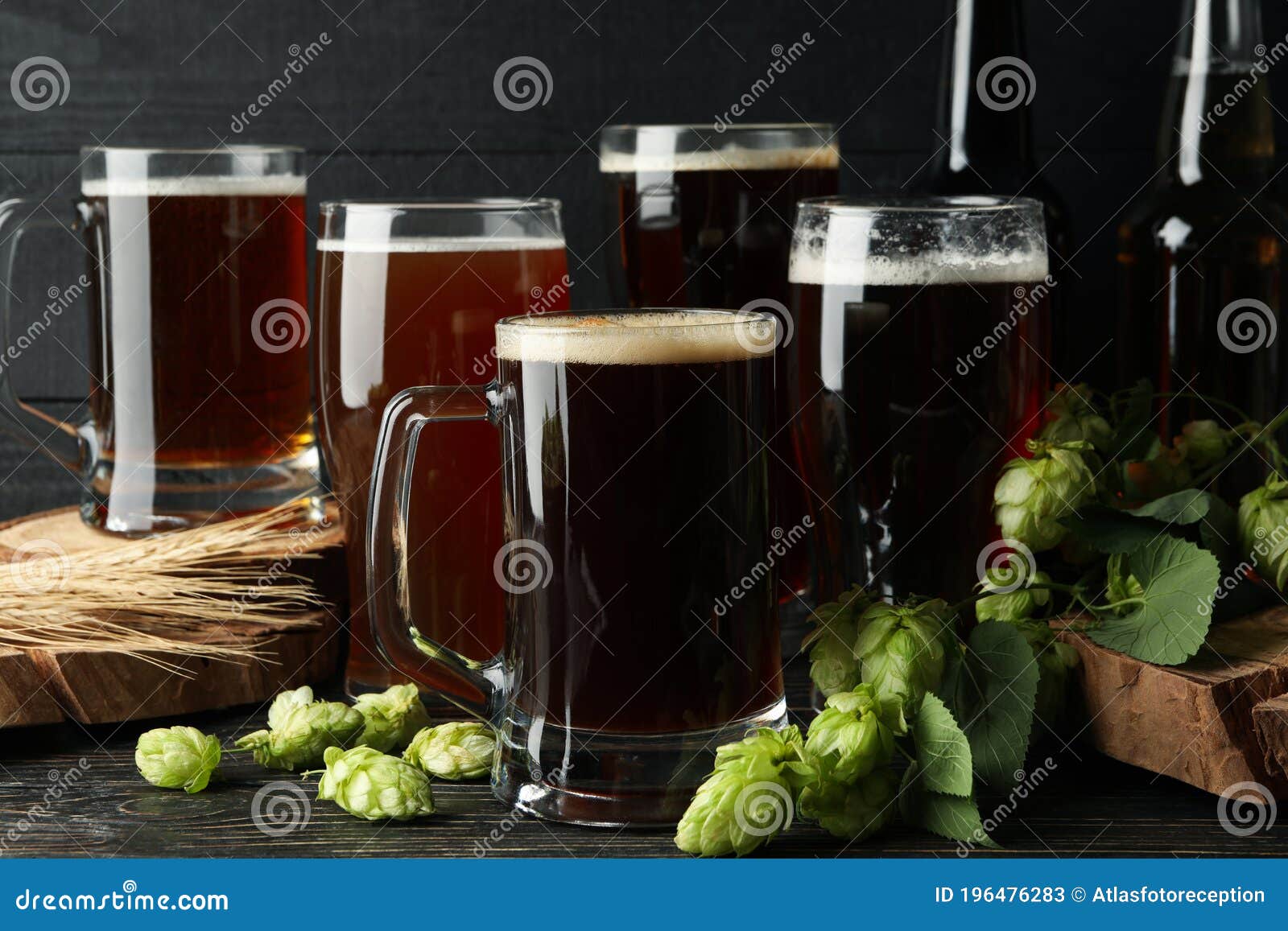 Beer, Hop and Wheat on Wooden Table Stock Image Image of drink
