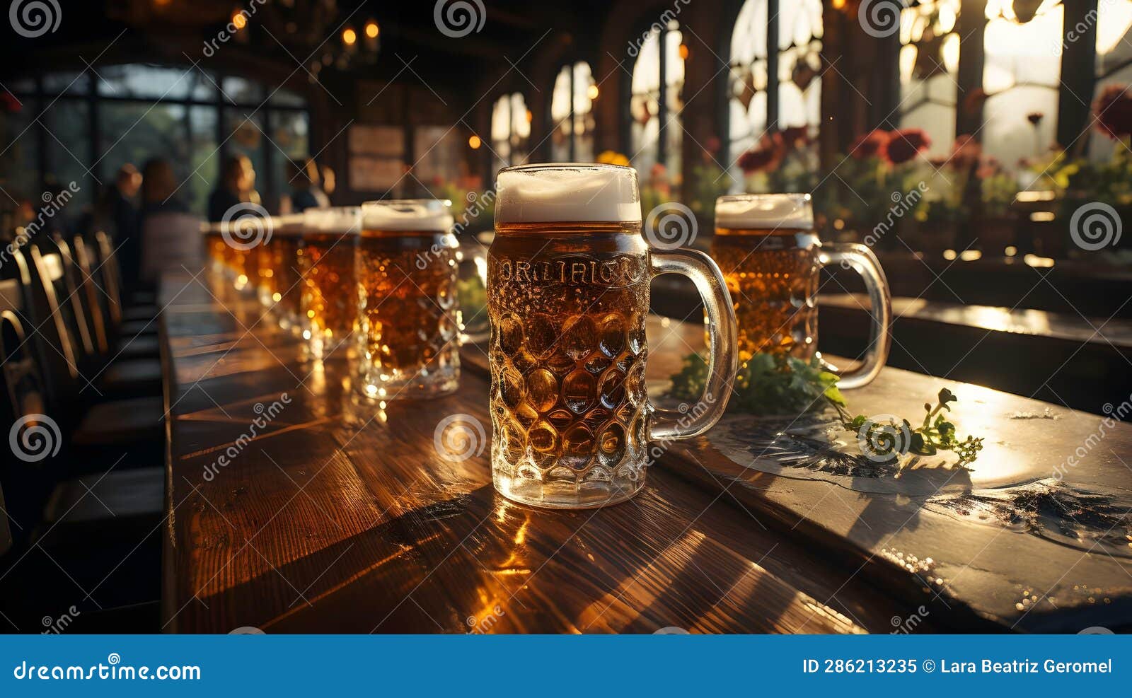 Beer mugs in a restaurant stock illustration. Illustration of lights