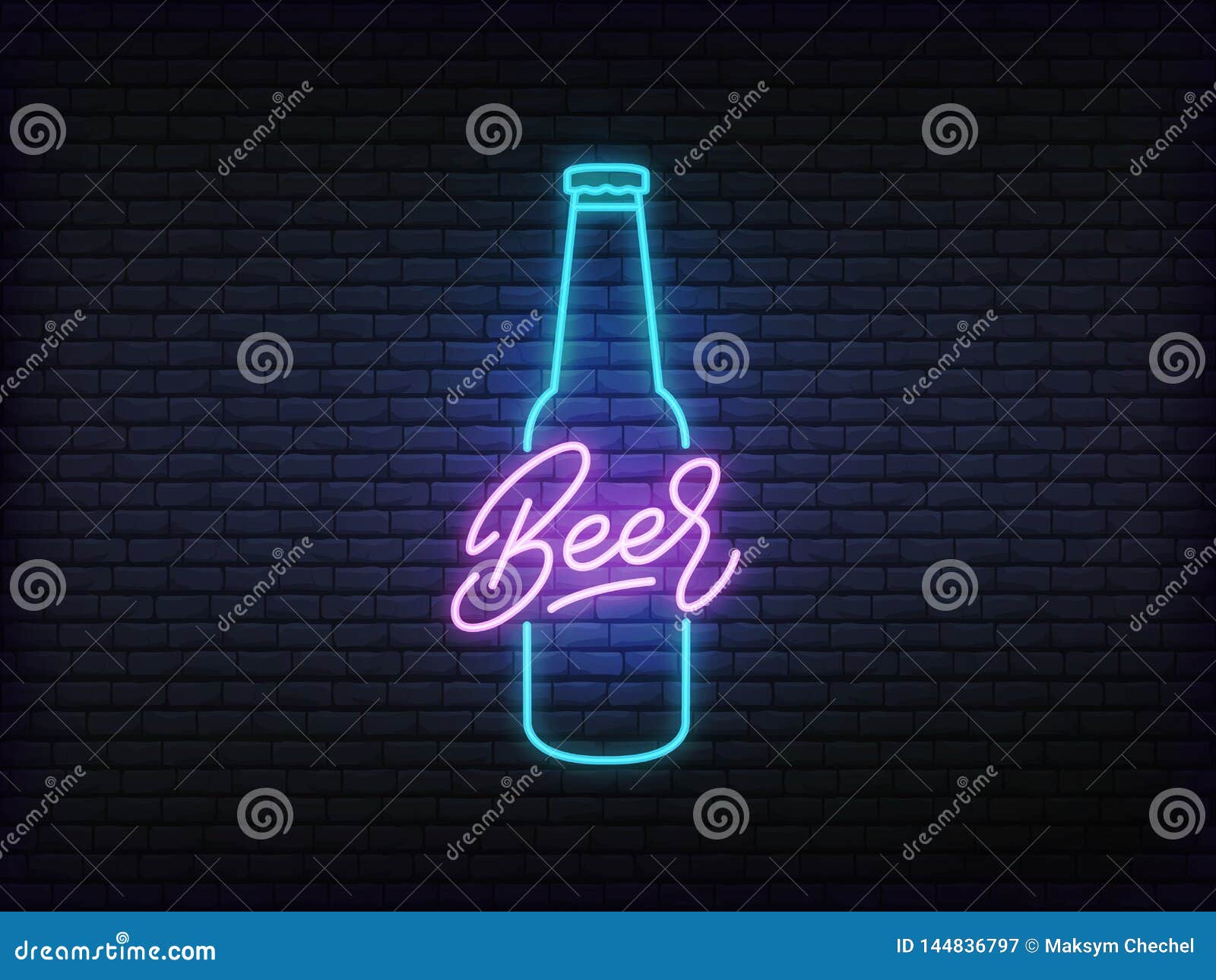 Beer Neon Glowing Sign. Bright Vector Label of Beer Bottle and