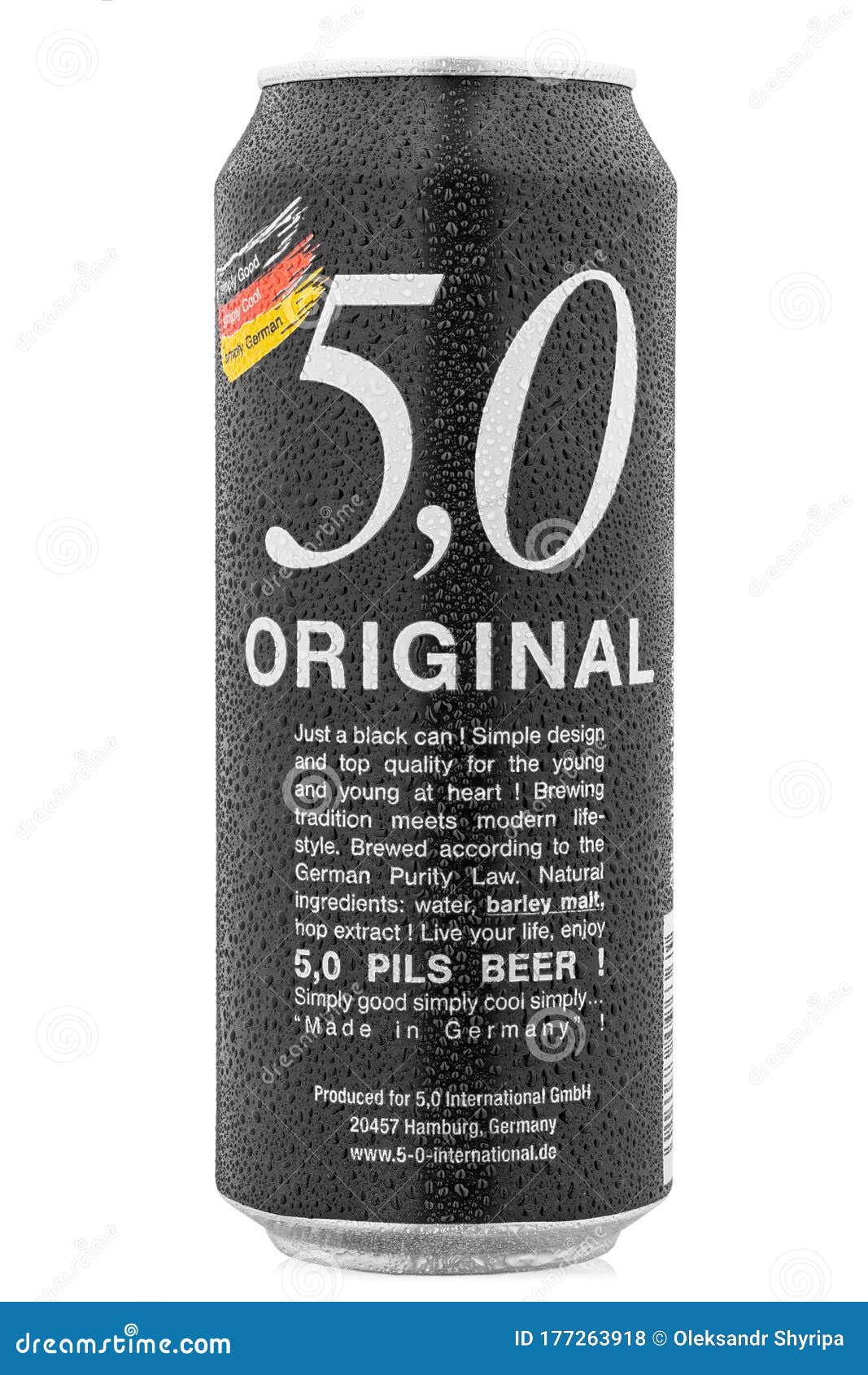 Beer 5.0 Original Pils Light 0,5 L. Isolated on White. Water Drops