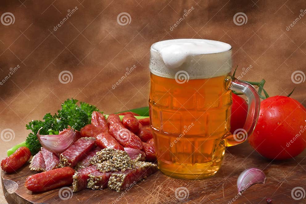 Beer and salami stock photo. Image of glass, meal, beer 26465930