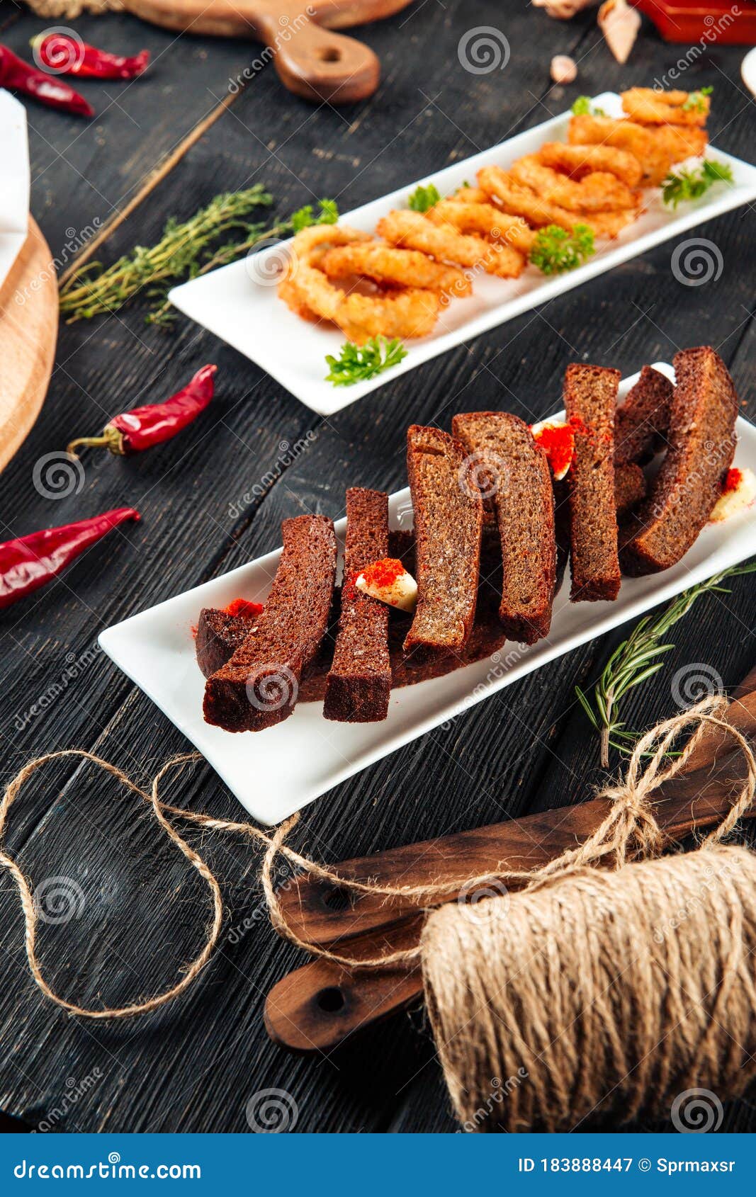 Garlic Bread Sticks and Deep Fried Onion Rings Stock Image Image of