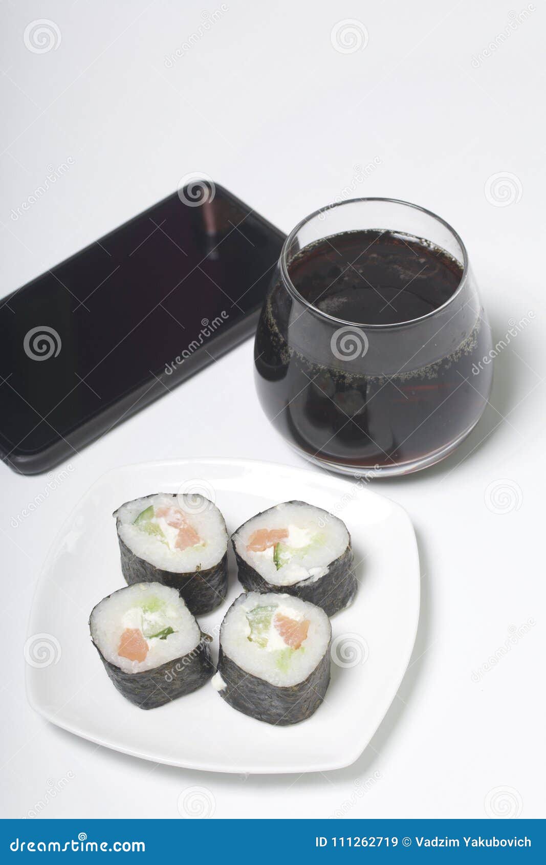 Beer and Sushi. Stand Near the Smartphone. Rest with Food and