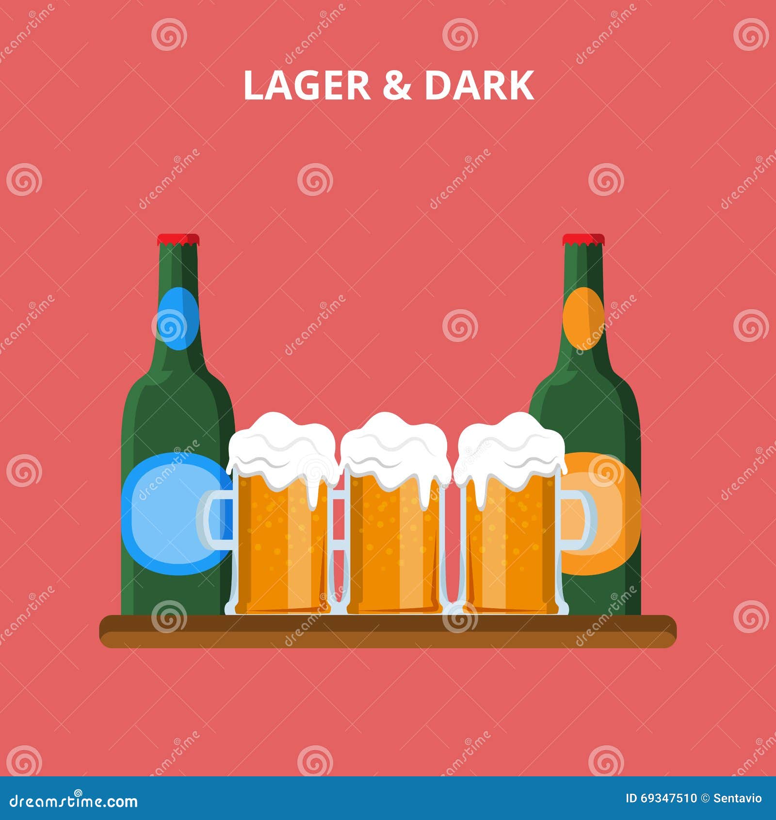 Beer Types Lager and Dark Bottles Glasses Flat Style  Vector Stock