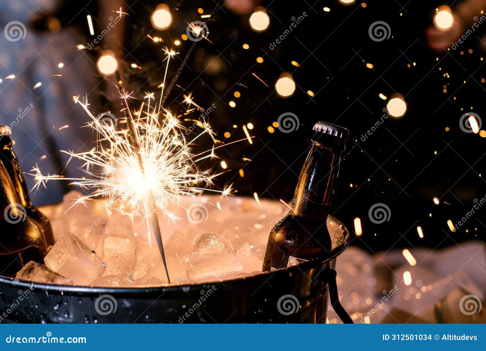 beers in an icefilled bucket with a lit sparkler at a night event