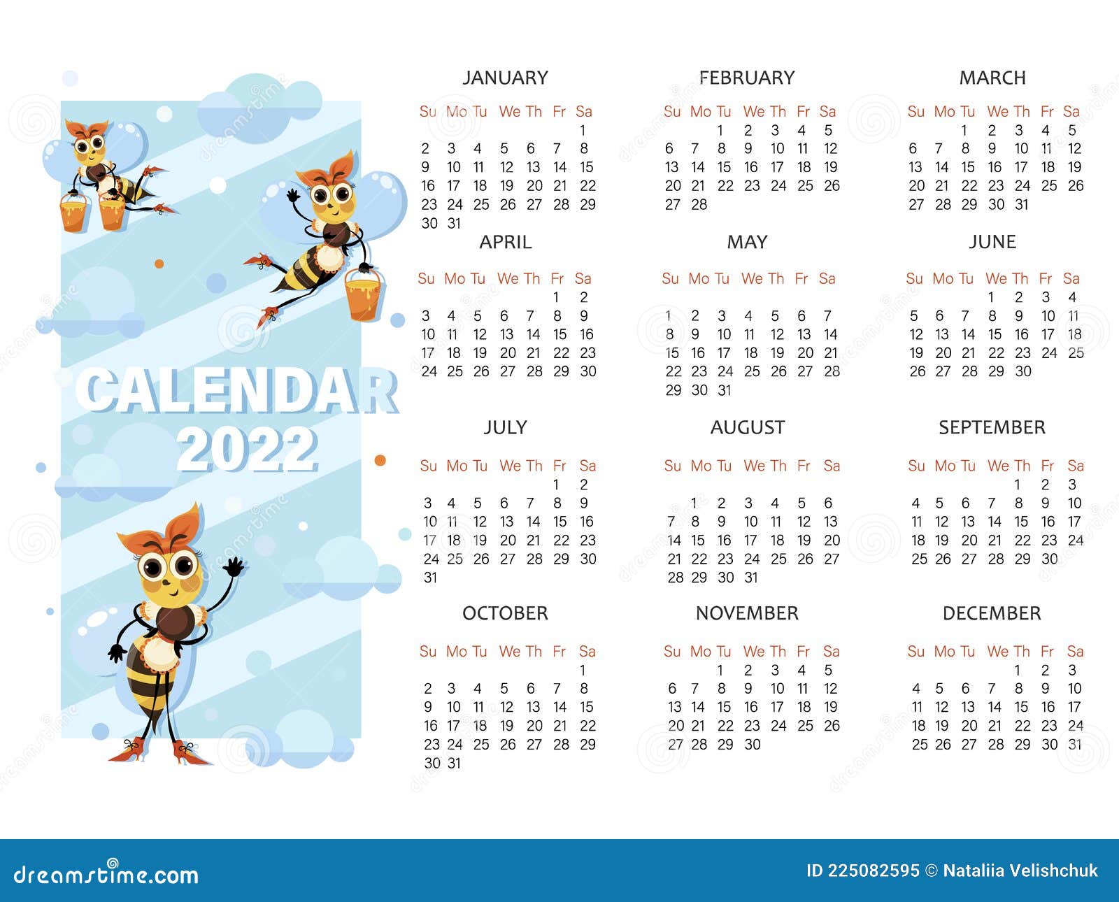 Kids Calendar 2022 Bees Calendar 2022. Calendar Template For Childrens Notebook, Organizer  With Cute Bees Stock Vector - Illustration Of Vector, Cute: 225082595