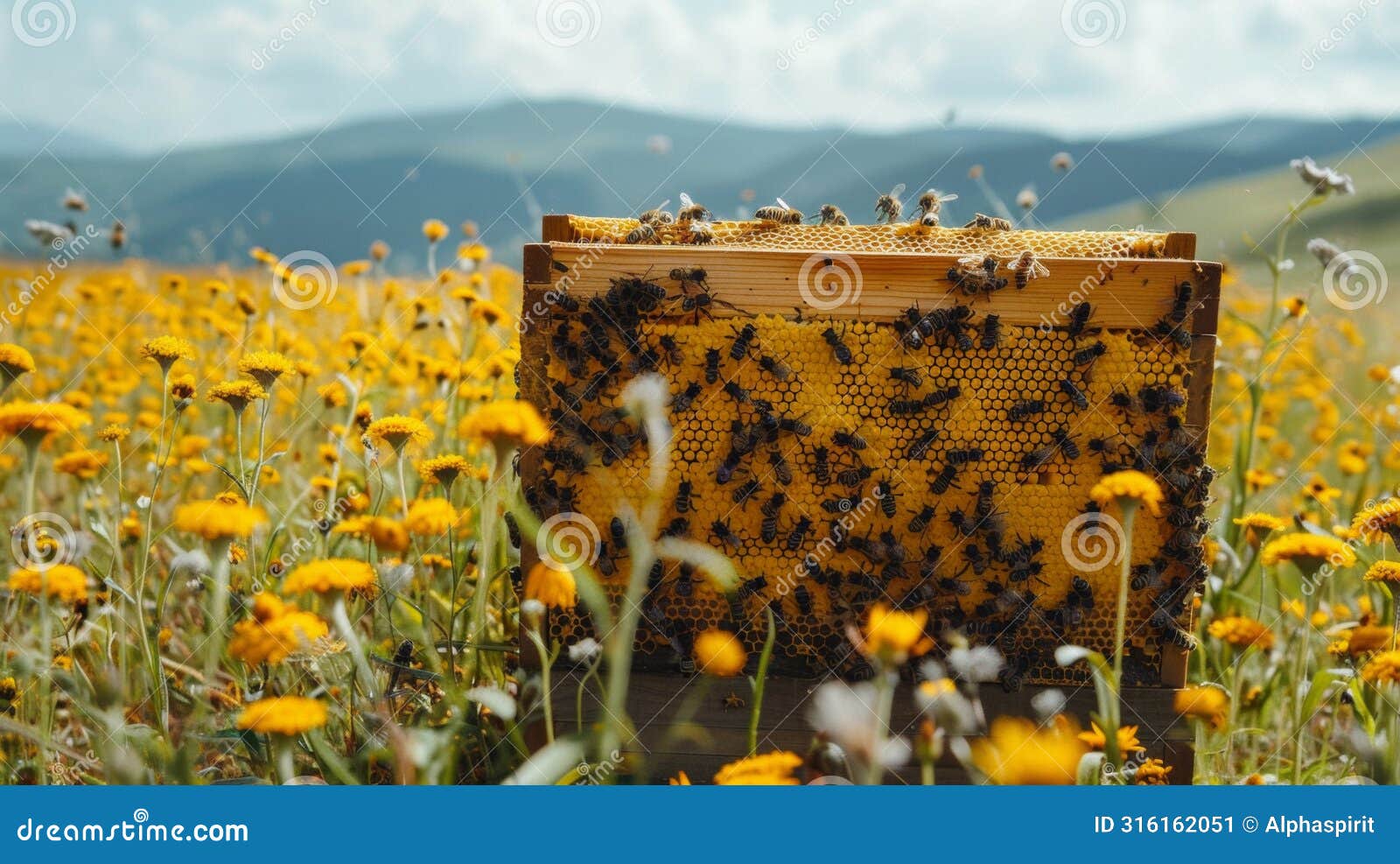 bees swarm a hive amidst a vibrant field of flowers under a clear sky, illustrating nature's pollination process