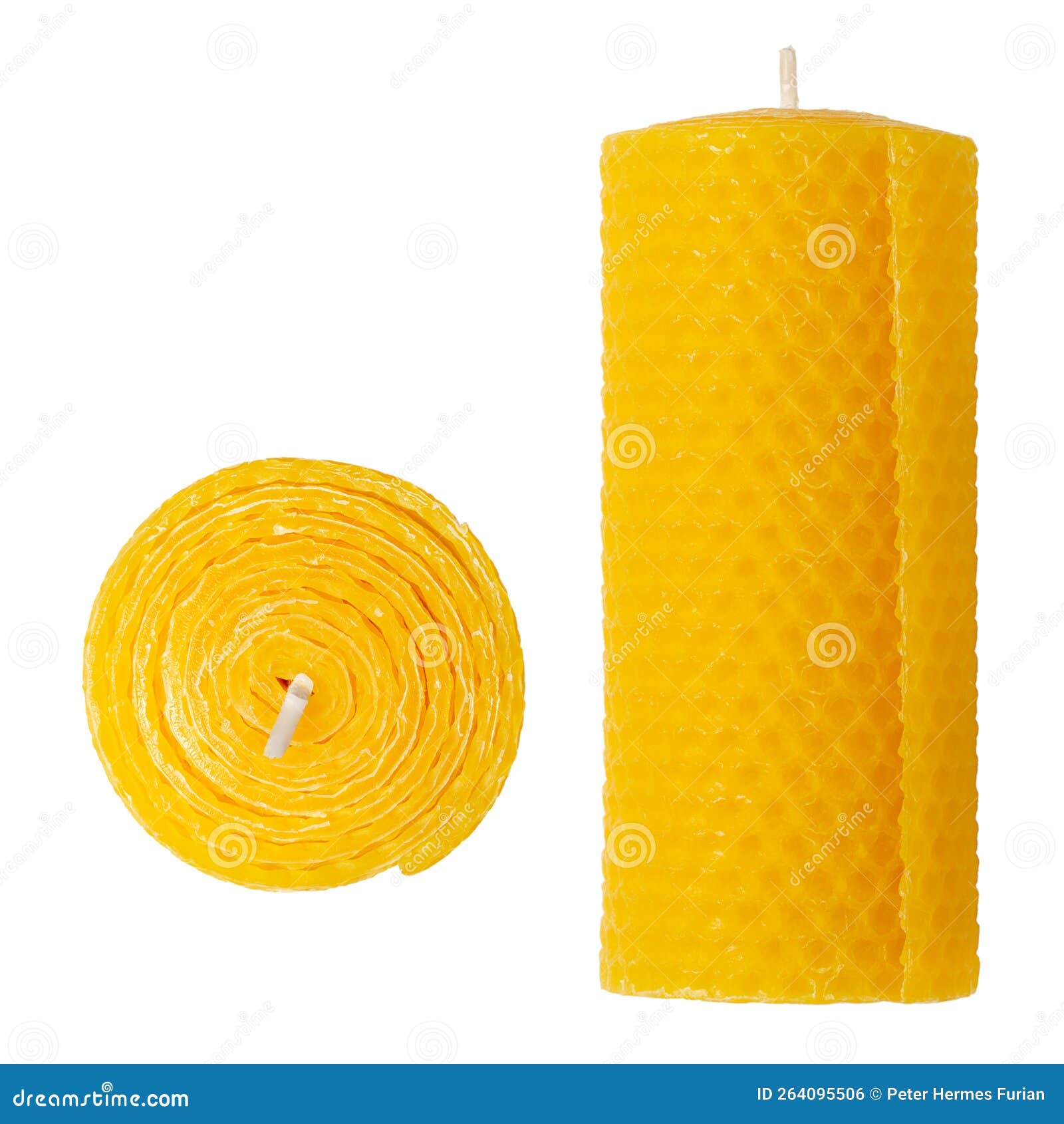 Beeswax Pillar Candle with Wick, Isolated from Above and Front View