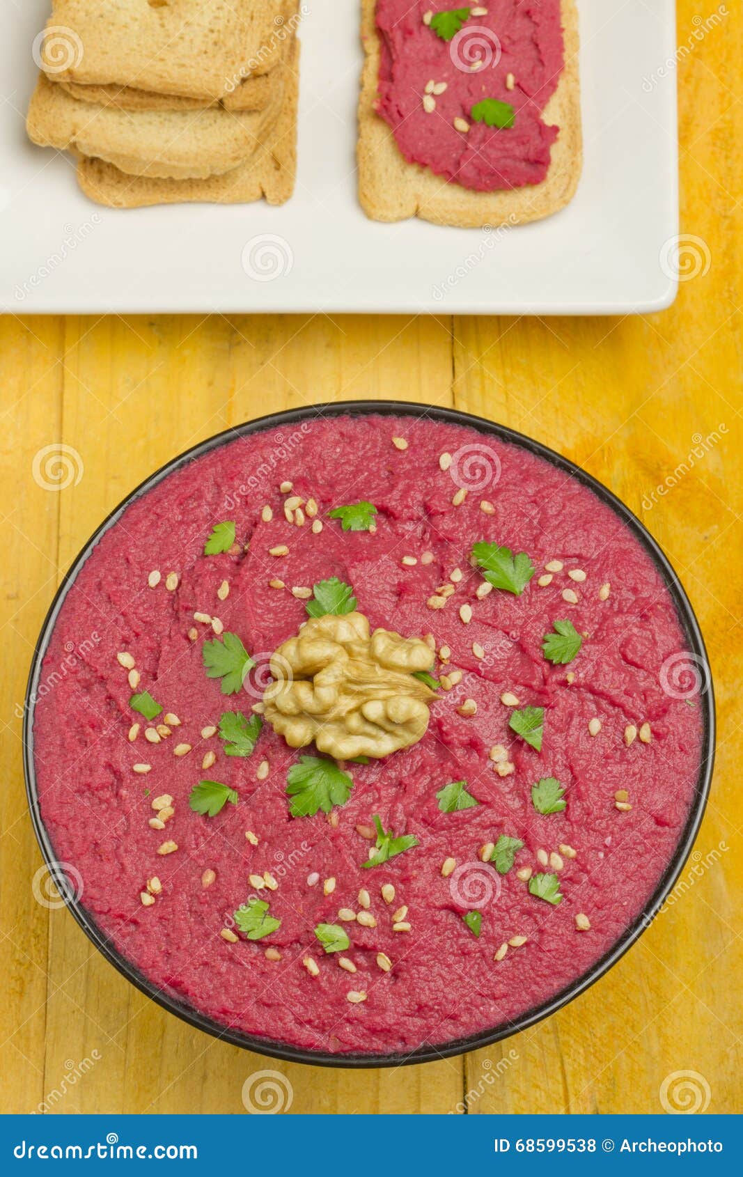 Beet hummus stock photo. Image of bread, rustic, bowl 68599538
