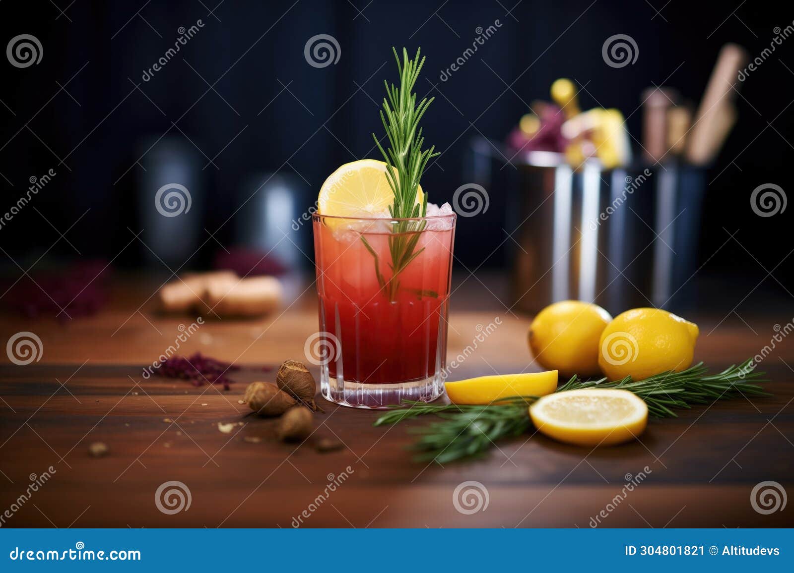 Beet Kvass Cocktail with Lemon Garnish, on a Bar Counter with Dim