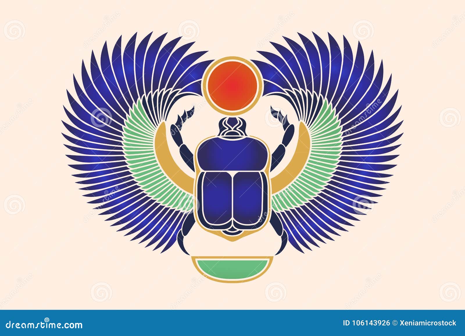 Beetle Scarab with Wings, Sun and a Crescent Moon. Ancient Egyptian ...