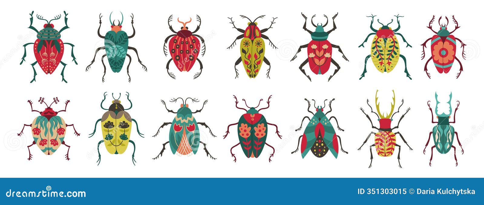 beetles set whimsical folk art insects different fantasy bugs patterned wings  