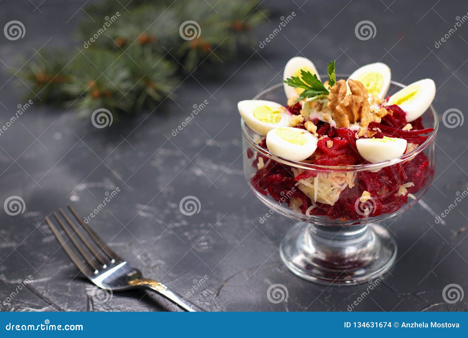 Beetroot And Potato Salad With Quail Eggs On A Dark Background