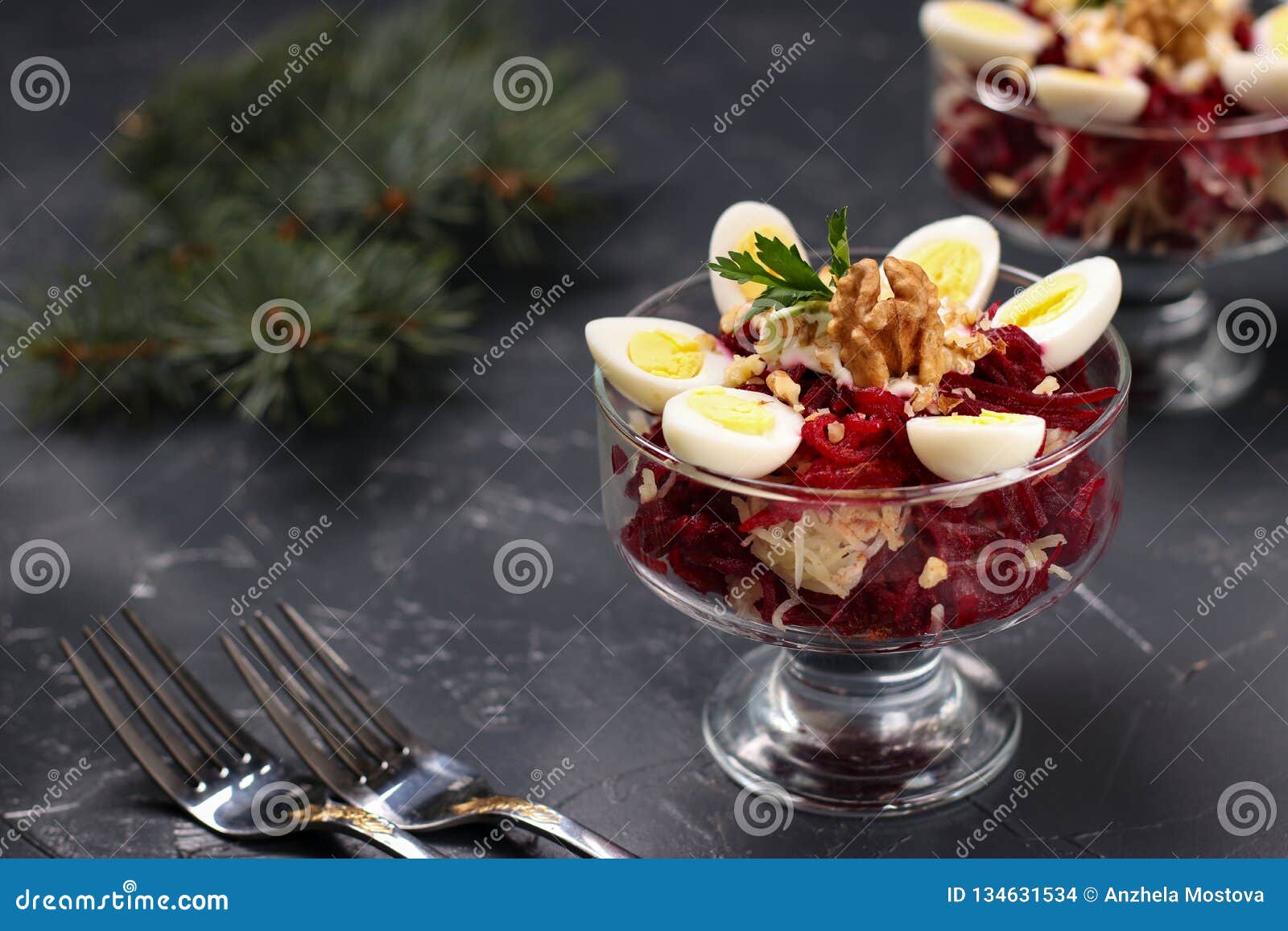 Beetroot And Potato Salad With Quail Eggs On A Dark Background
