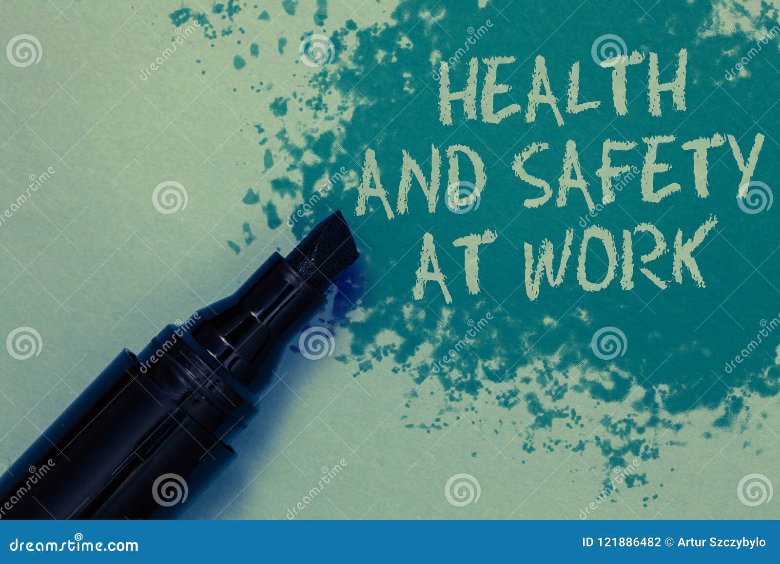Begriffshandschrift, die Gesundheit und Sicherheit am Arbeitsplatz zeigt Das Geschäftsfoto, das sichere Verfahren zur Schau stellt, verhindern Unfälle vermeiden Gefahr besprühen blaue Farbe auf Bodenmarkierung neben etwas Entwurfstext