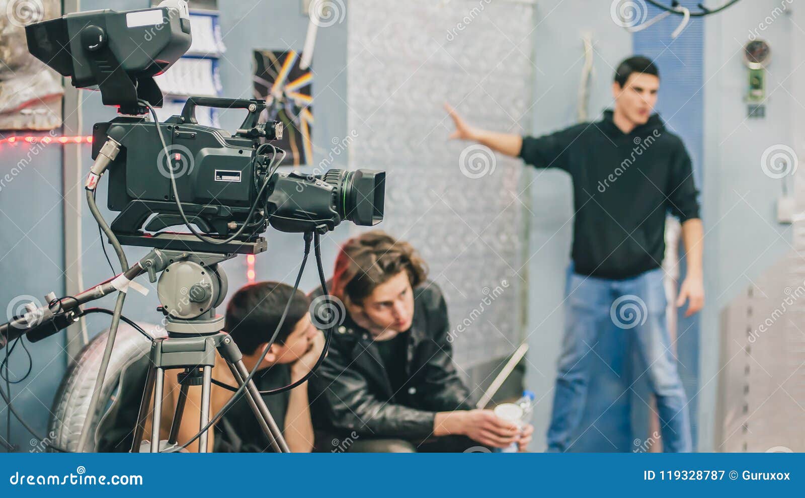 Behind The Scene Film Crew Filming Movie Scene In Studio Stock Image