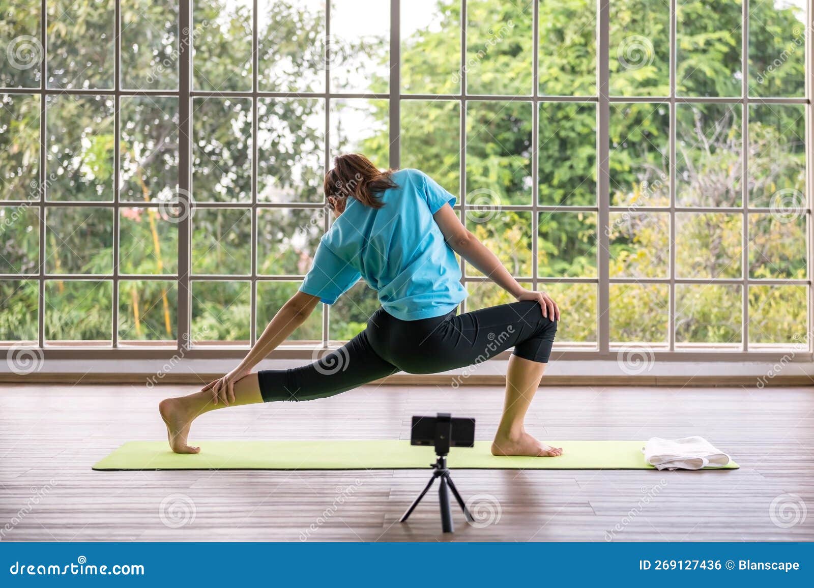Behind the Scene by Recording Yoga Training for Online Tutorial Stock