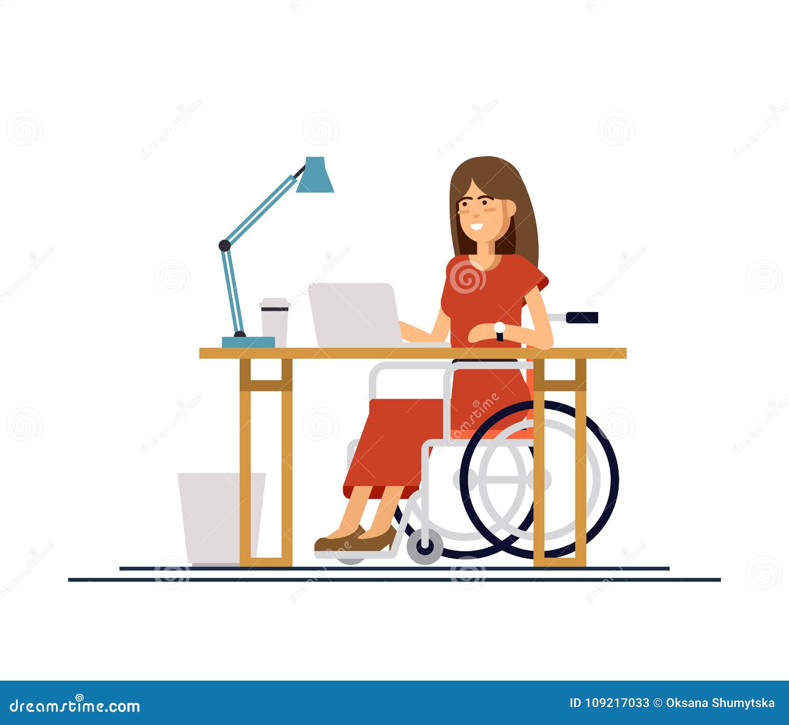 Behinderte Junge Frau Im Rollstuhl Der Mit Computer Arbeitet Online Job Und Start Korperbehinderung Und Gesellschaft Vektor Abbildung Illustration Von Computer Frau