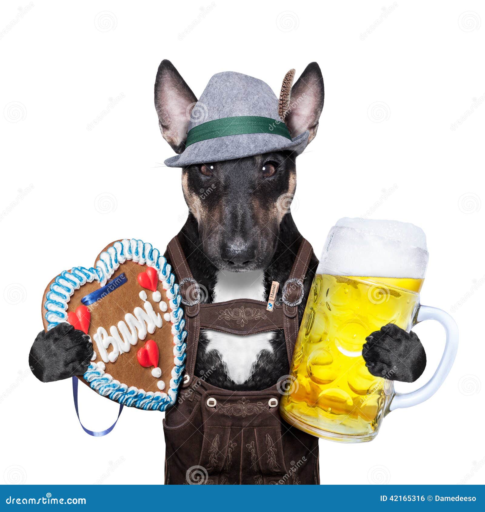 Beierse bierhond. Beierse meest oktoberfest hond met biermok en peperkoekhart