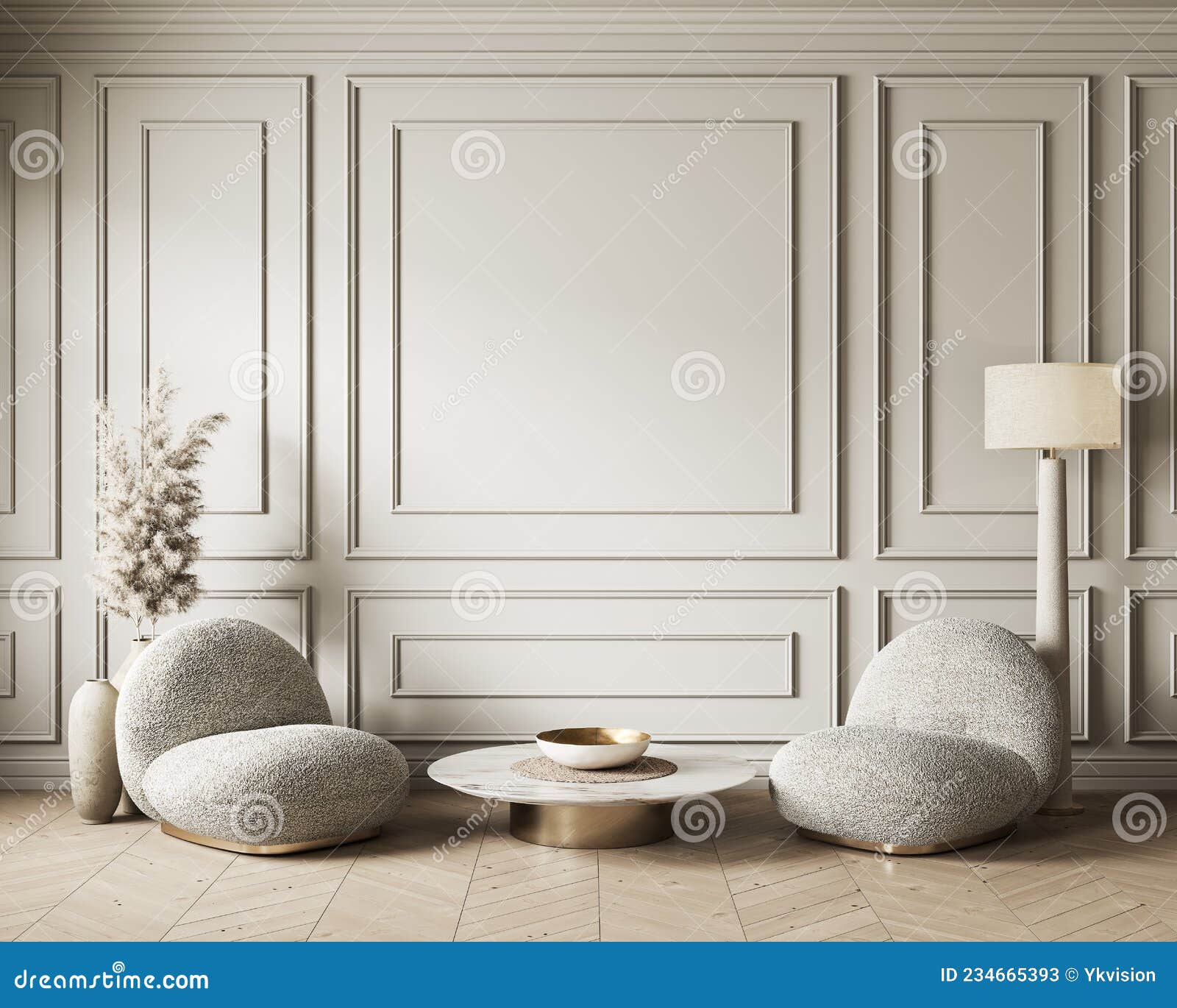 Beige Classic Interior with Lounge Soft Armchairs, Decor and Moldings