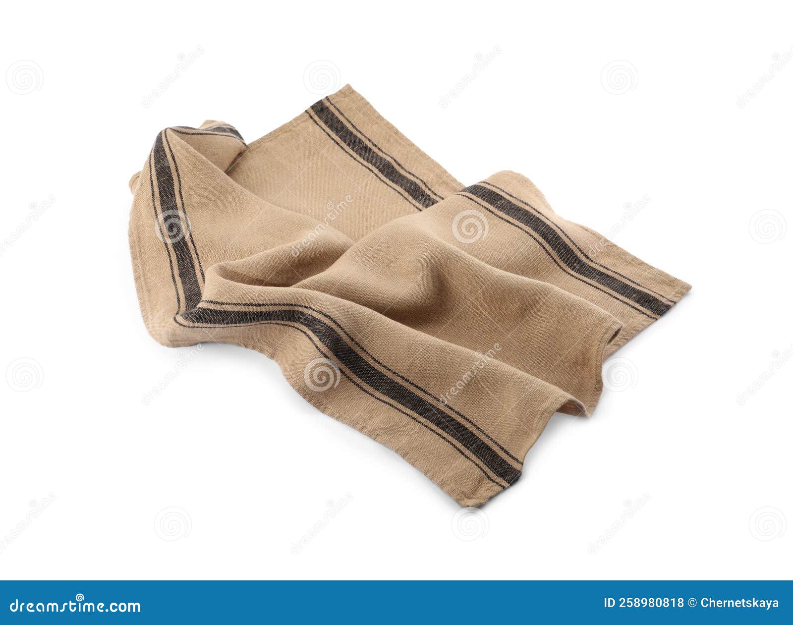 Beige Cloth Napkin with Stripes Isolated on White Stock Photo Image