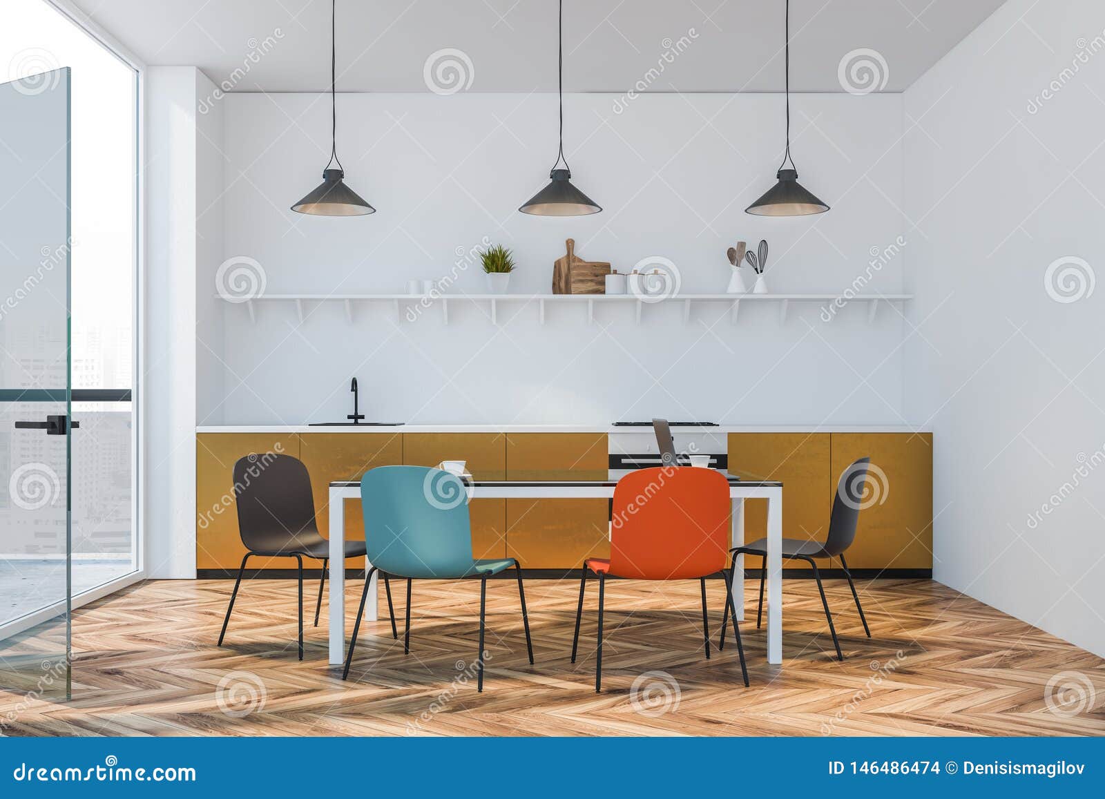 Beige Countertop Kitchen With Colored Chairs Stock Illustration